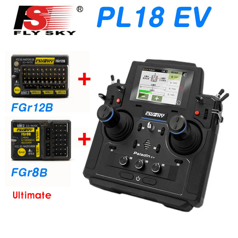 Flysky 18CH PL18EV RC Transmitter with FGR12B & FGr8B Receivers - Radio System for RC Boats, Engineering Trucks, Tanks - Includes Tray Strap Set | Perfect for RC Hobbyists & Professional Model Enthusiasts