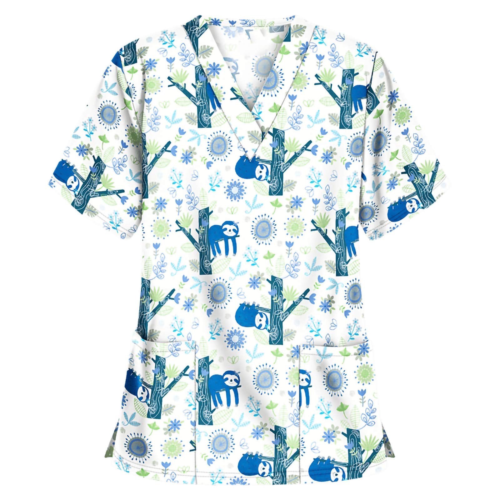 Women's Short Sleeve V-Neck Work Blouse with Cartoon Print - Casual Office Wear & Daily Outfits (White, Size S)