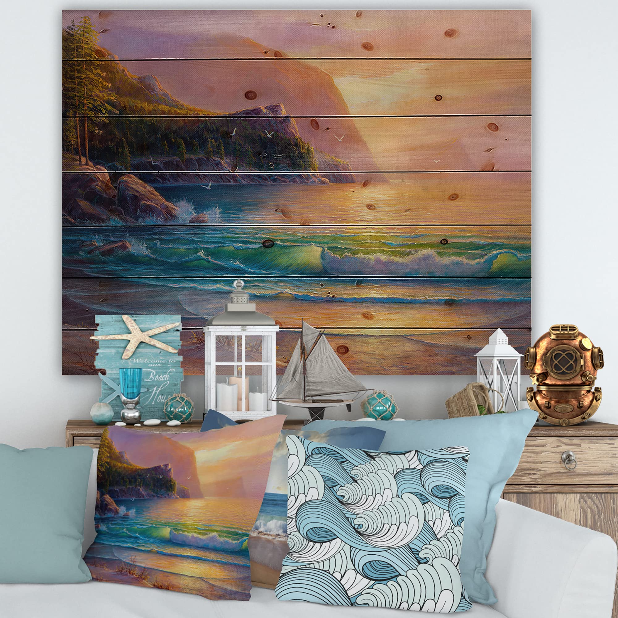 Romantic Beach Sunset Nautical Coastal Wood Wall Decor - Blue Wooden Wall Art Panel with Pine Wood Print | Perfect for Beach House, Living Room & Coastal Home Decor