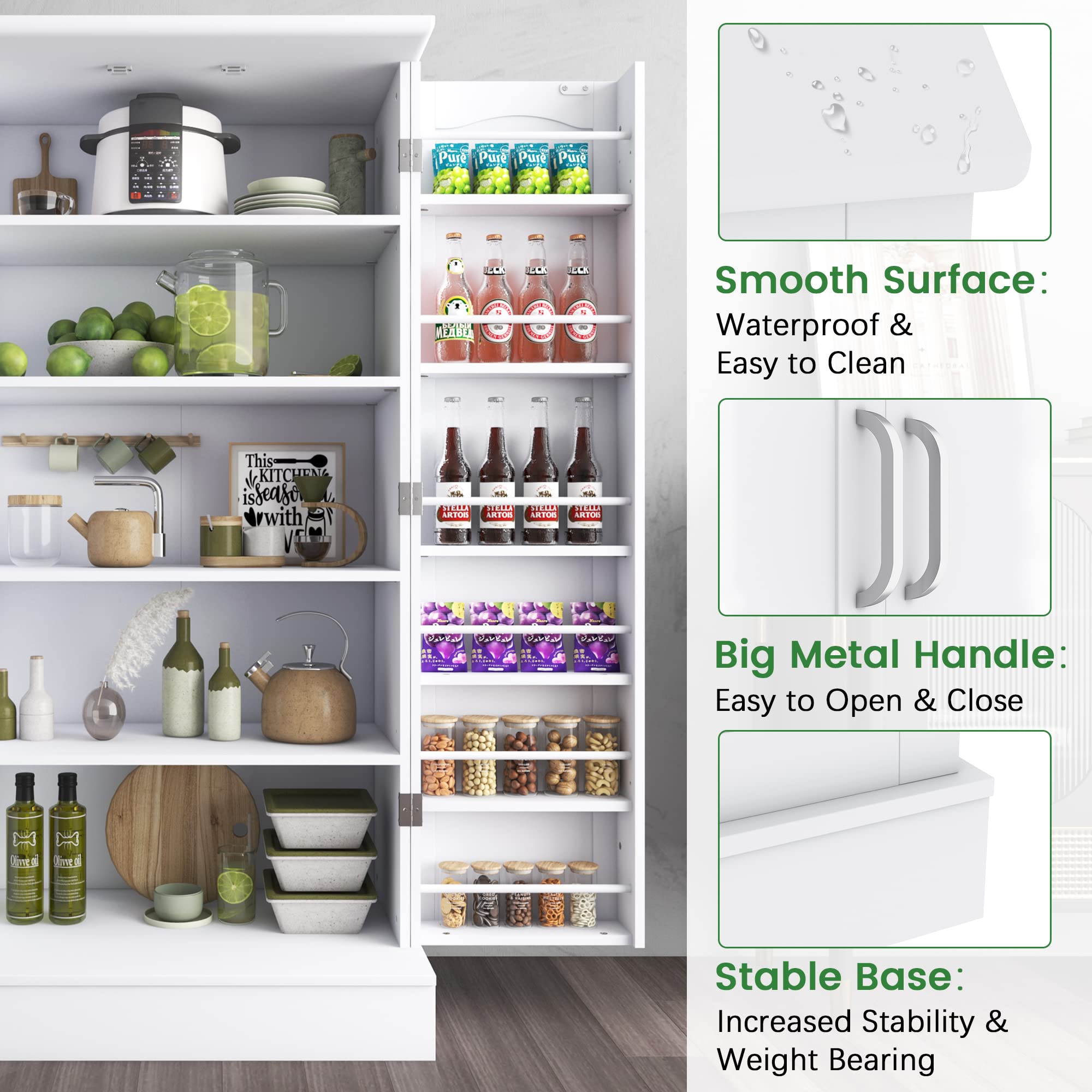 Jehiatek 47” White Freestanding Kitchen Pantry Cabinet with Adjustable Shelves & Doors - Perfect for Kitchen, Living Room, and Dining Room Storage Solutions