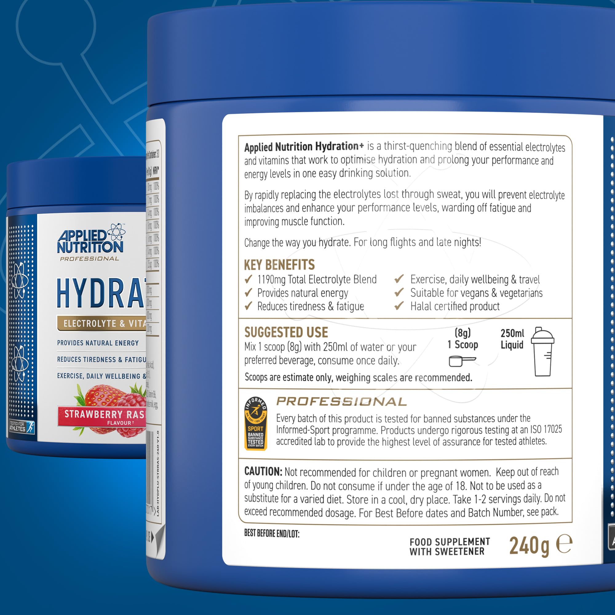 Applied Nutrition Hydration+ Electrolyte Powder 240g - Rapid Hydration for Athletes, Workouts & Outdoor Activities | Sugar-Free Sports Drink Mix with Essential Minerals