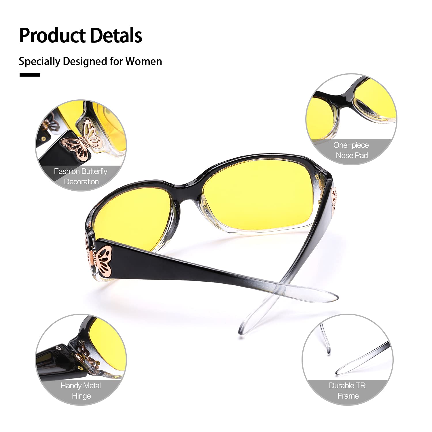 LVIOE Polarized Night Vision Glasses - Yellow Tinted for Women Driving at Night