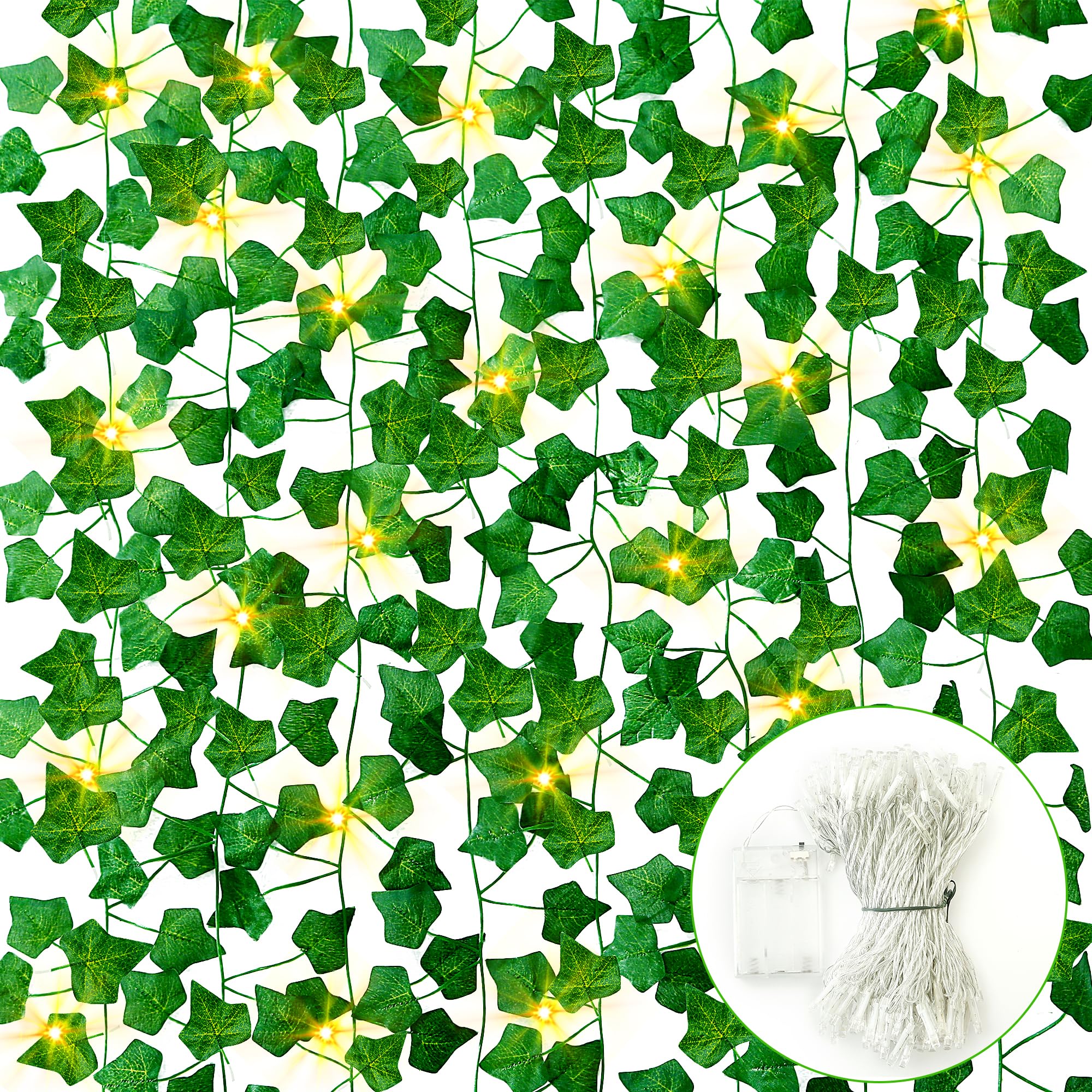12 Pack 84Ft Artificial Ivy Leaf Plants with LED String Lights - Fake Ivy Garland Greenery for Wedding, Wall Decor, Party, Home, Room, Kitchen & Garden - Waterproof Hanging Vines for Indoor/Outdoor Use