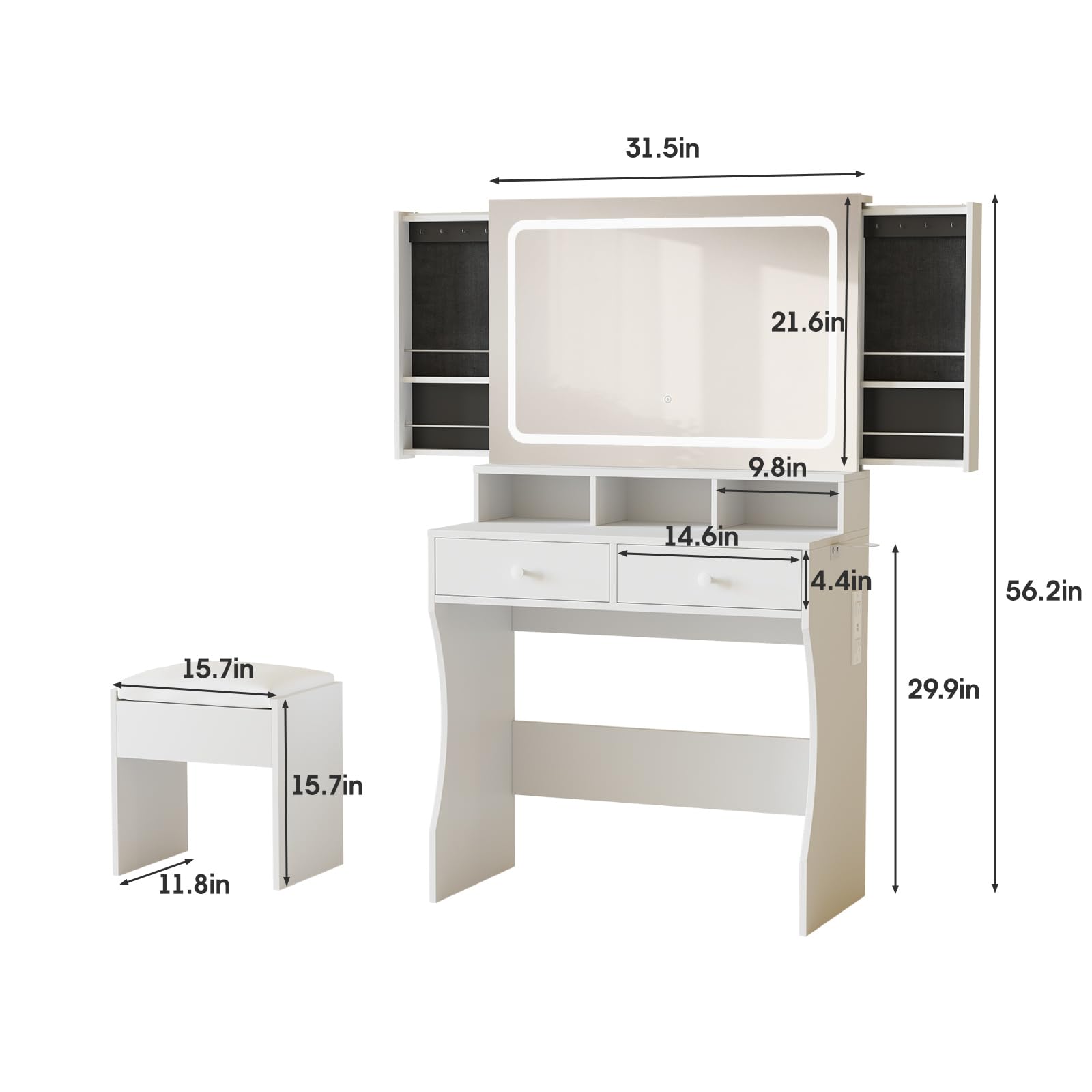 White Vanity Desk with Mirror & LED Lights - Makeup Dressing Table with Charging Station, Sliding Jewelry Storage & 3 Lighting Modes - Includes Stool & 2 Large Drawers - Perfect for Women & Girls Bedroom, Makeup Room or Dressing Area