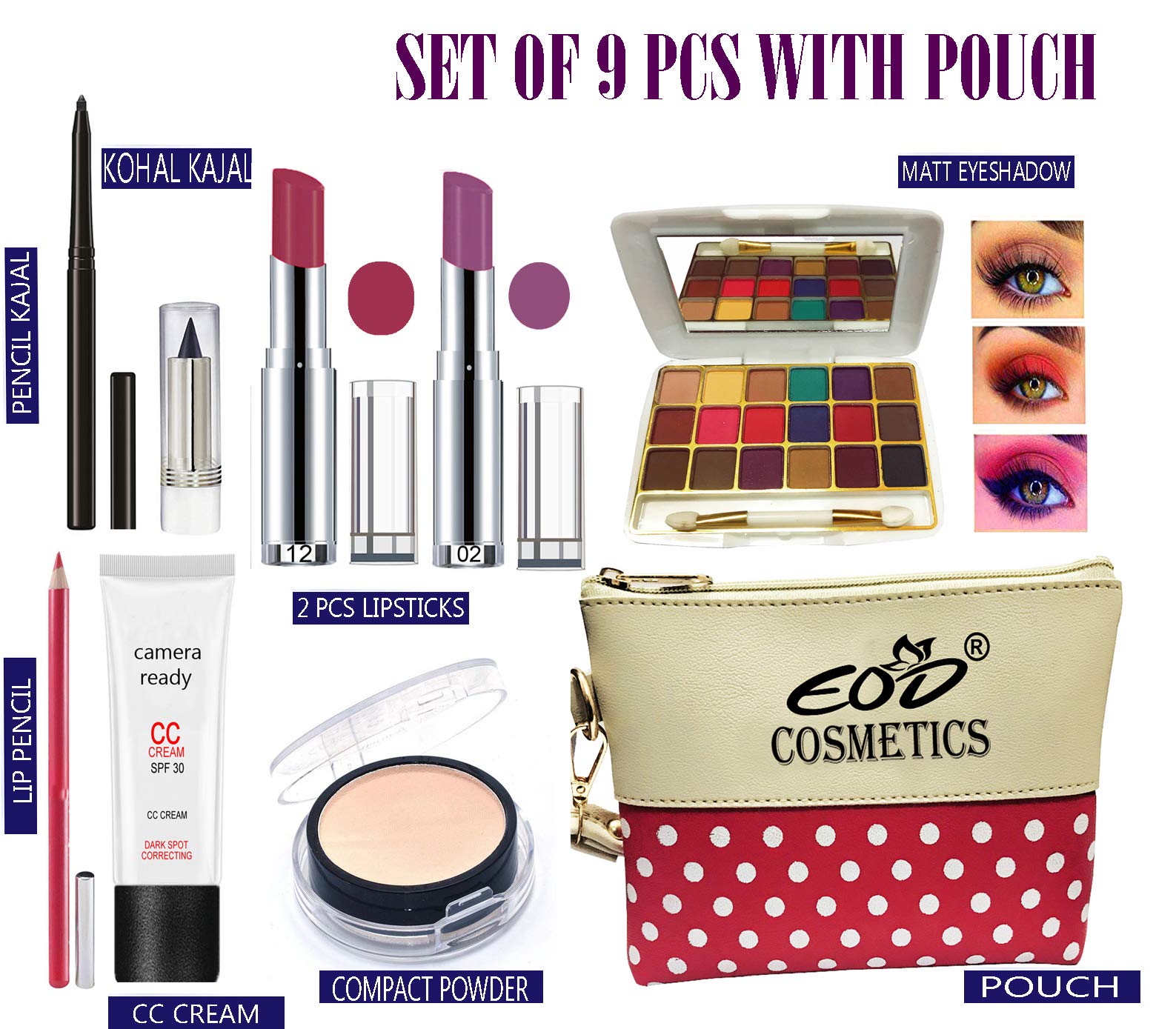 Premium 9-Piece Makeup Kit for Women - Complete Cosmetic Set with Pouch | Perfect for Everyday Use, Travel & Gifting (Eod A10 Collection)