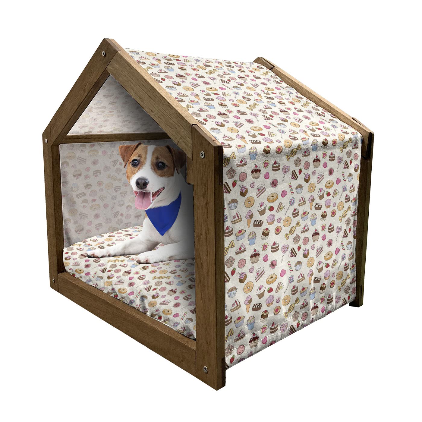 Ambesonne Wooden Pet House - Candy Pattern, Indoor/Outdoor Dog Kennel with Pillow for Small Pets - Perfect for Home & Garden Use