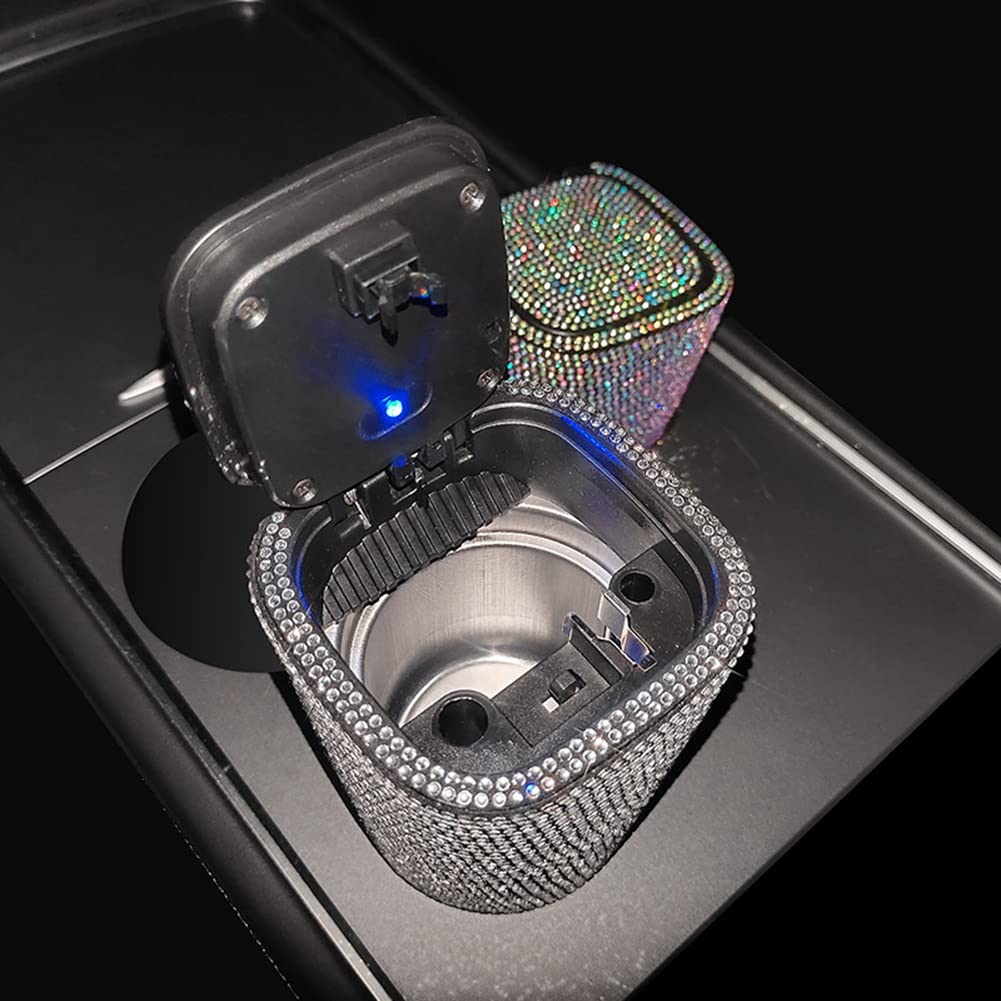 Car Diamond-Encrusted Ashtray with LED Lights - Windproof Odor-Proof Cover - Bling Bling Mini Car Trash Can for Office, Bedroom, Living Room, Study, Bathroom, Dining Room - Perfect for Cars, Home & Travel (White)
