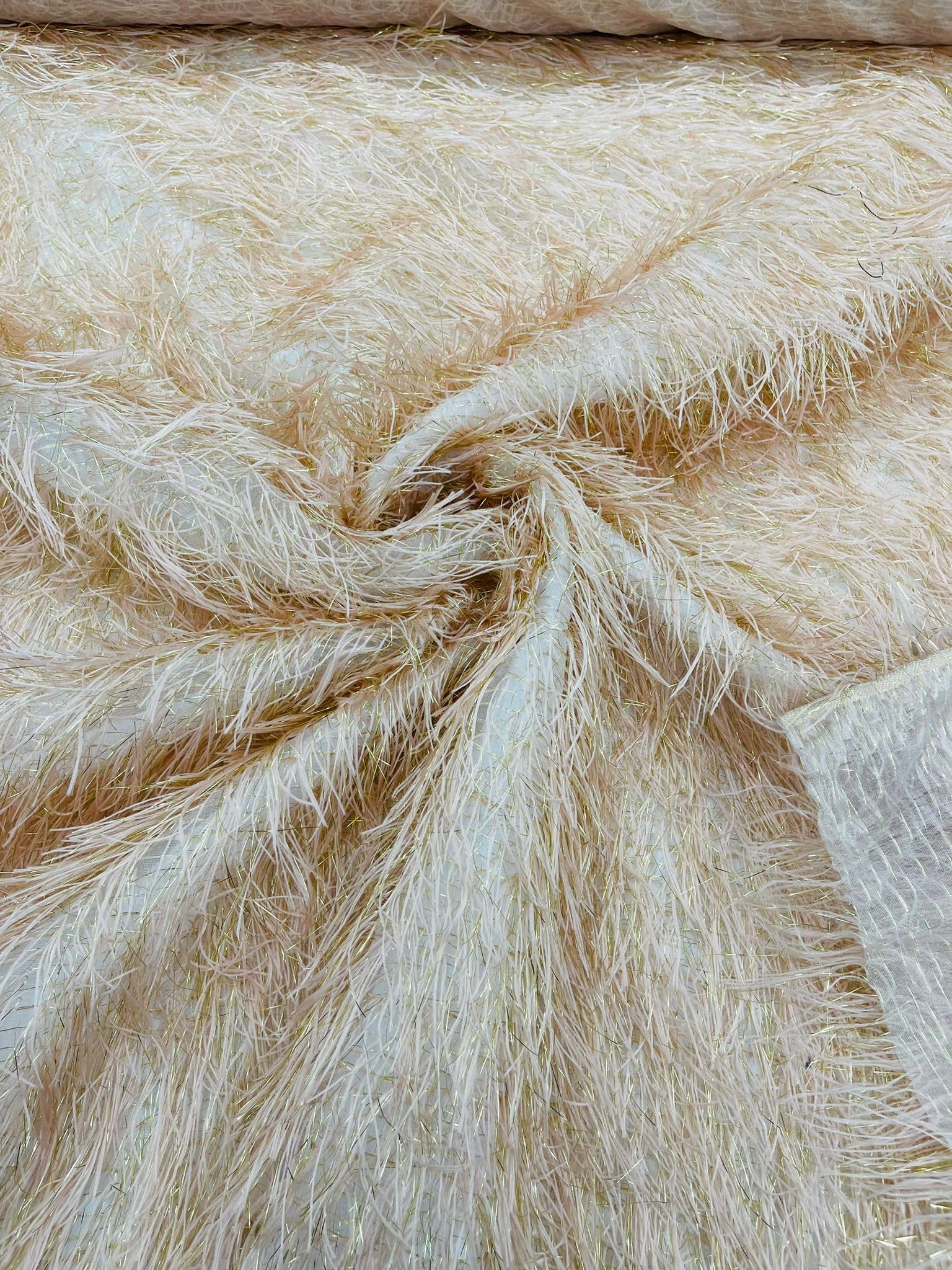 Shaggy Jacquard Faux Ostrich & Eyelash Feather Sewing Fringe Fabric with Metallic Thread - 1 Yard Blush Pink for DIY Costumes, Home Decor & Fashion Accessories