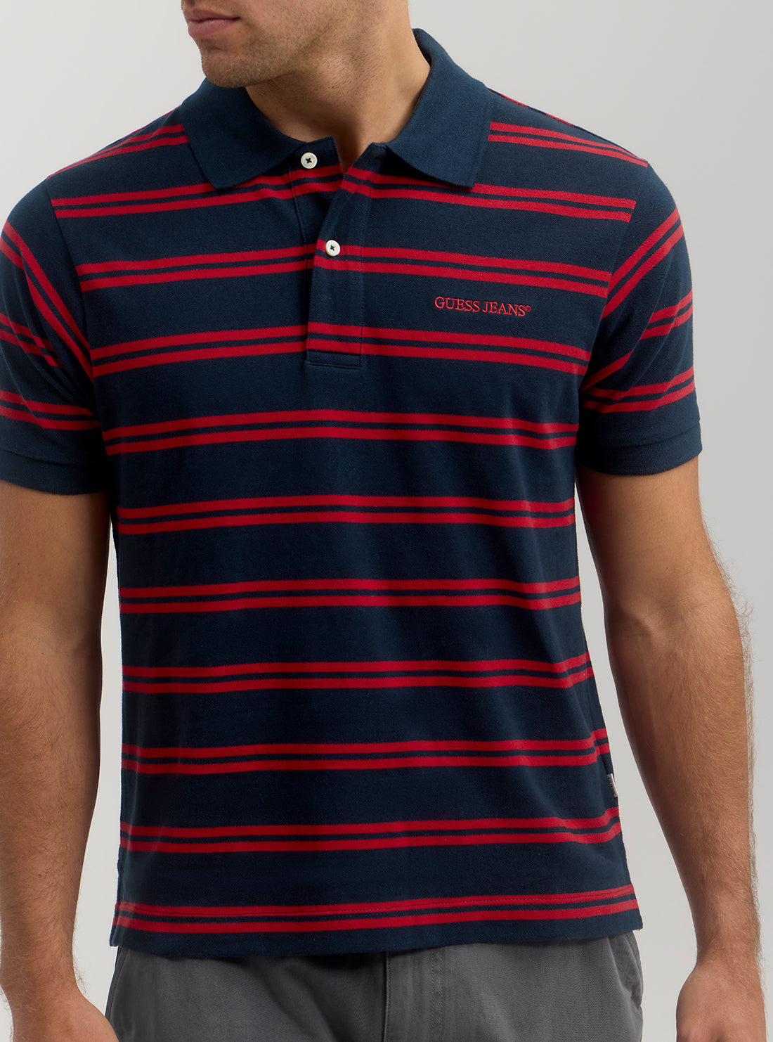 Guess Jeans Men's Red & Blue Striped Polo T-Shirt - Casual Short Sleeve Cotton Shirt for Summer, Golf, and Everyday Wear