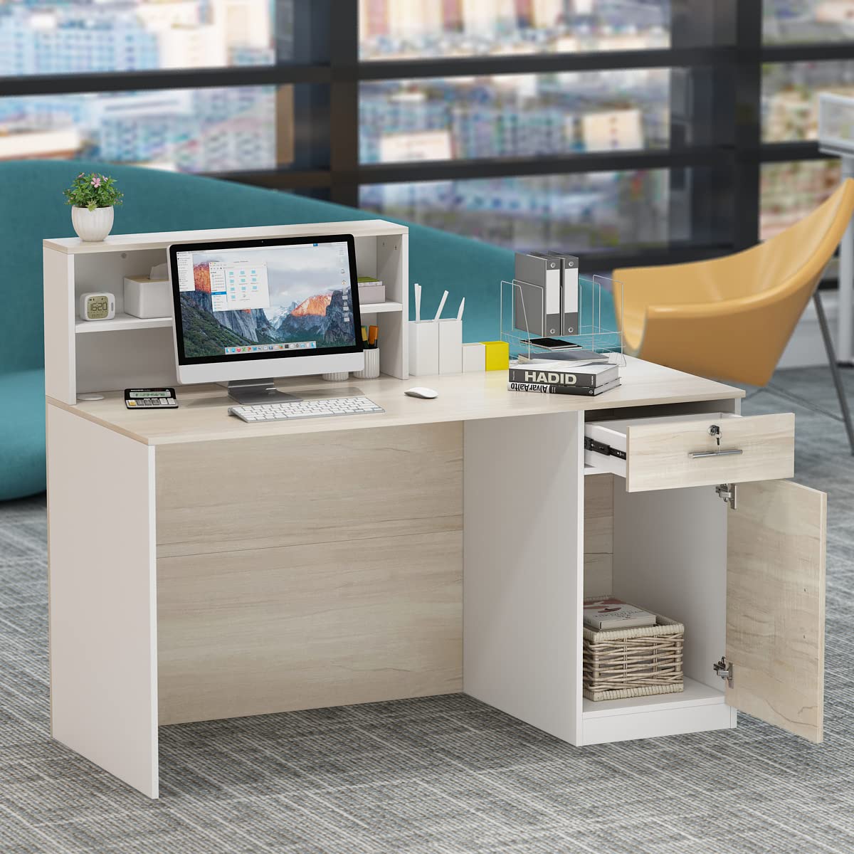 Oak Reception Desk with Lockable Drawer & Open Shelf - Wooden Front Counter Office Desk for Reception Room, Lobby & Waiting Area - Perfect for Professional Workspaces, Hotels & Corporate Offices