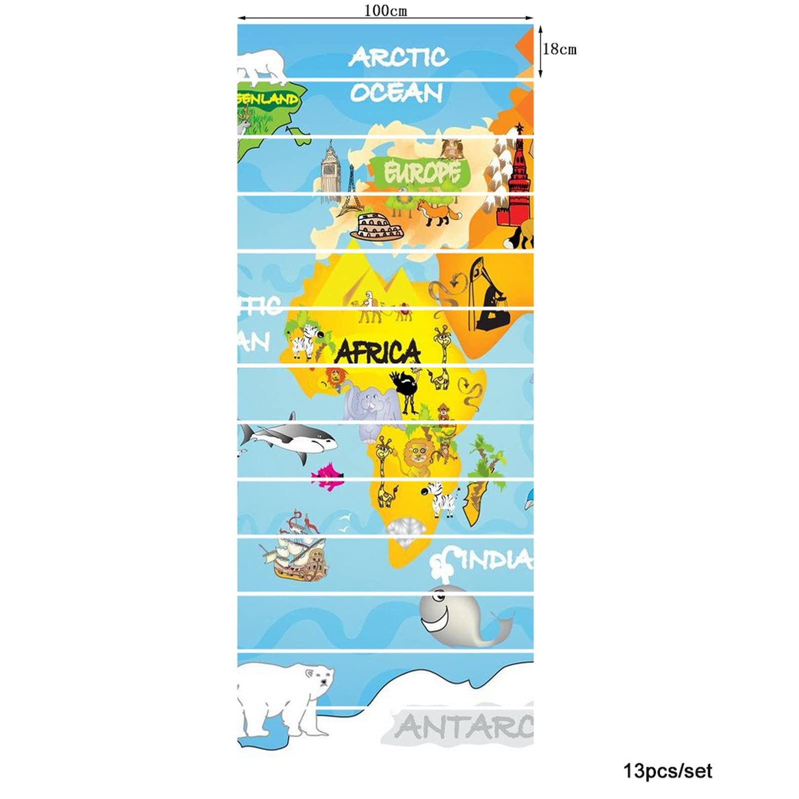 3D Self-Adhesive Removable Cartoon Animal World Map Stair Stickers - Kids Geography Educational Vinyl Decals for Stair Risers, Kitchen Tiles & Wall Murals (13-Piece Set) - Perfect for Home Decor, Classroom Learning & Playroom Design