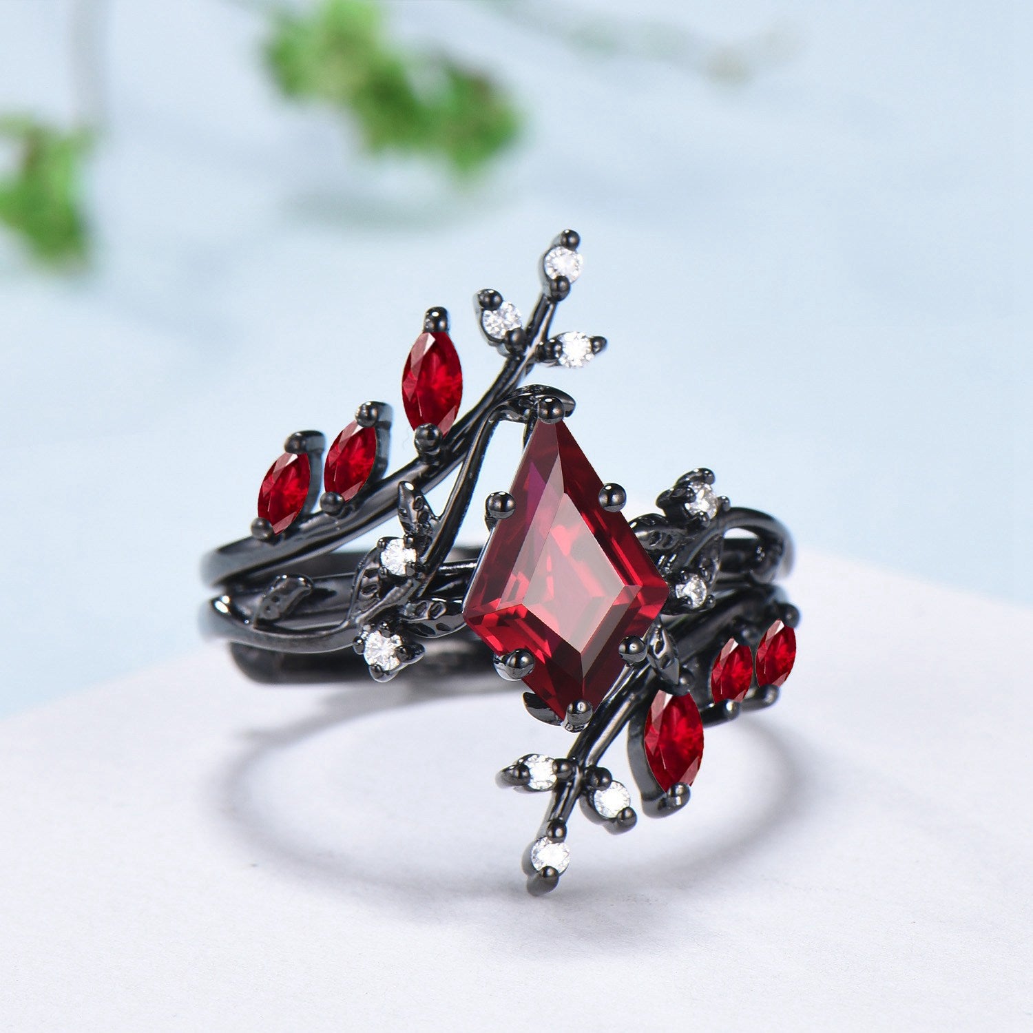 Nature Inspired Kite Cut Ruby Ring Set in Black Gold with Leaf Design - Gothic Engagement Ring for Knight Theme | Perfect for Weddings, Proposals & Medieval Fantasy Lovers