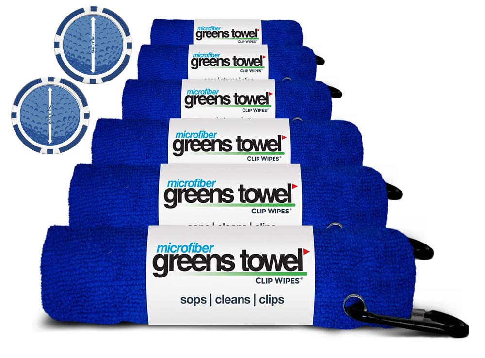Premium 6-Pack Blue Golf Clip Towels with 2 Poker Chip Ball Markers - 16x16 Inch Plush Microfiber Nap Fabric - Original Value Set with Speed Dial Markers (Royal Blue) - Perfect for Golf Courses, Driving Ranges & Clubhouse Use