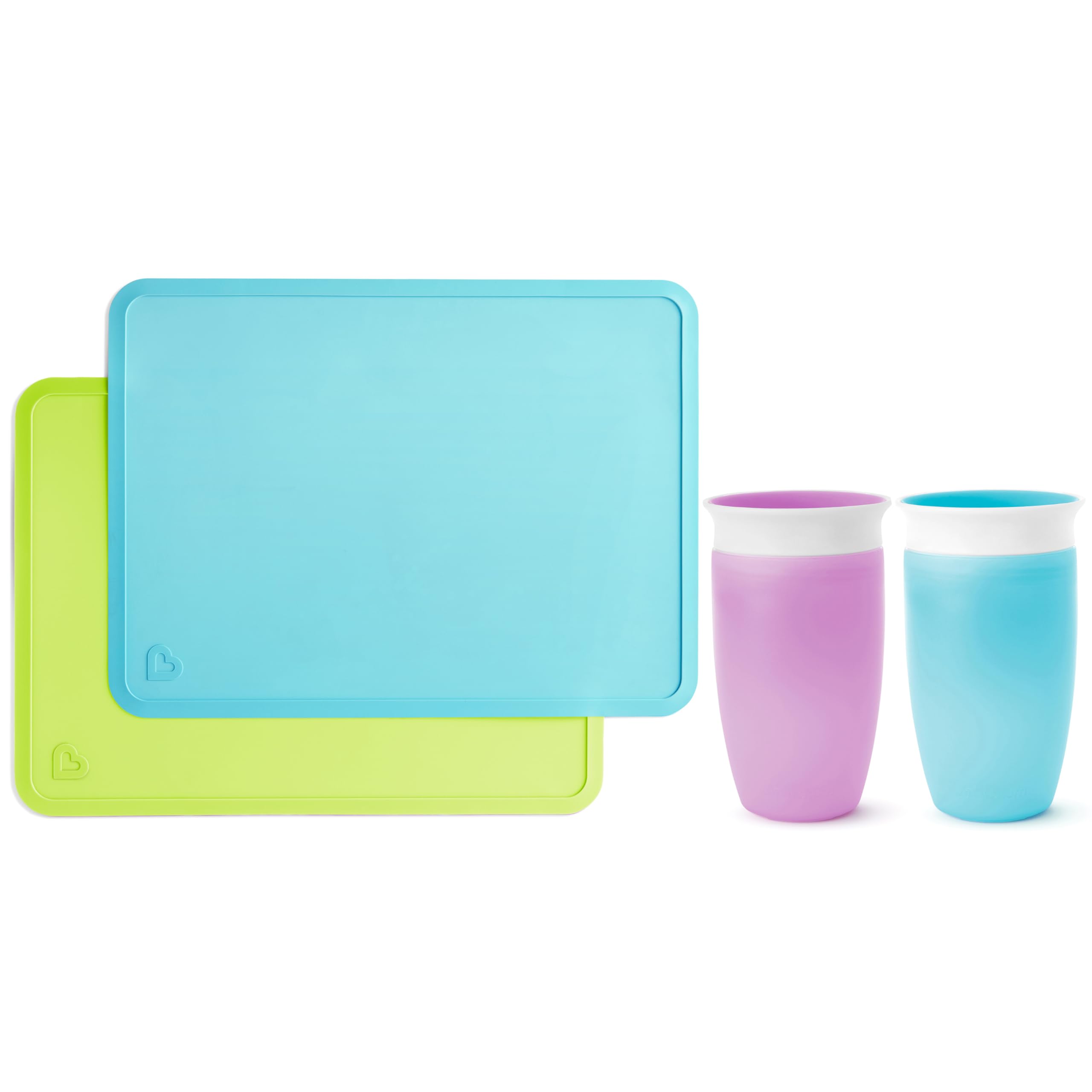 Munchkin Miracle 10 Oz 360° Sippy Cups and Silicone Placemats, 4-Piece Set, Blue & Purple - Perfect for Toddlers, Baby Feeding, and Travel | BPA-Free, Spill-Proof, Easy to Clean