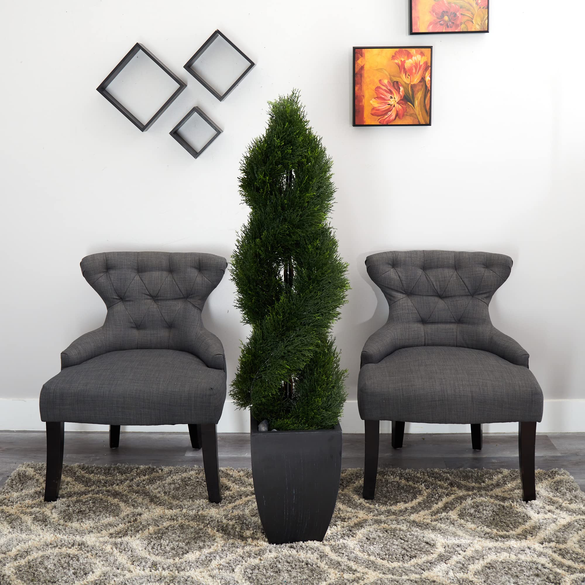 Nearly Natural 5ft Double Pond Cypress Spiral Topiary Artificial UV Resistant Tree in Black Wash Planter - Indoor Outdoor Decor for Patio, Garden, Porch & Entryway