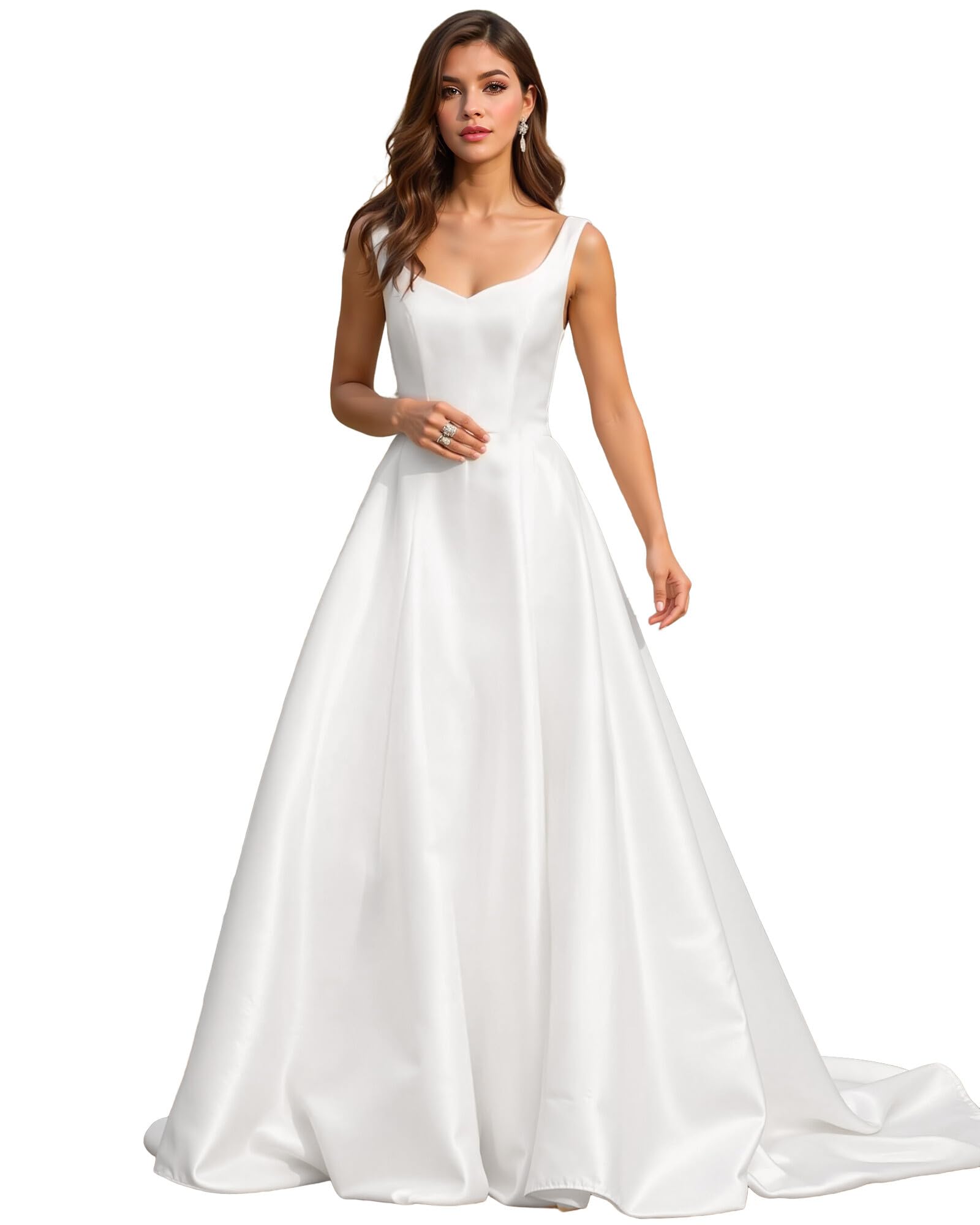 JAEDEN Elegant Satin Wedding Dress 2025 - Simple V-Neckline A-Line Bridal Gown for Bride | Perfect for Church, Beach, and Outdoor Wedding Ceremonies