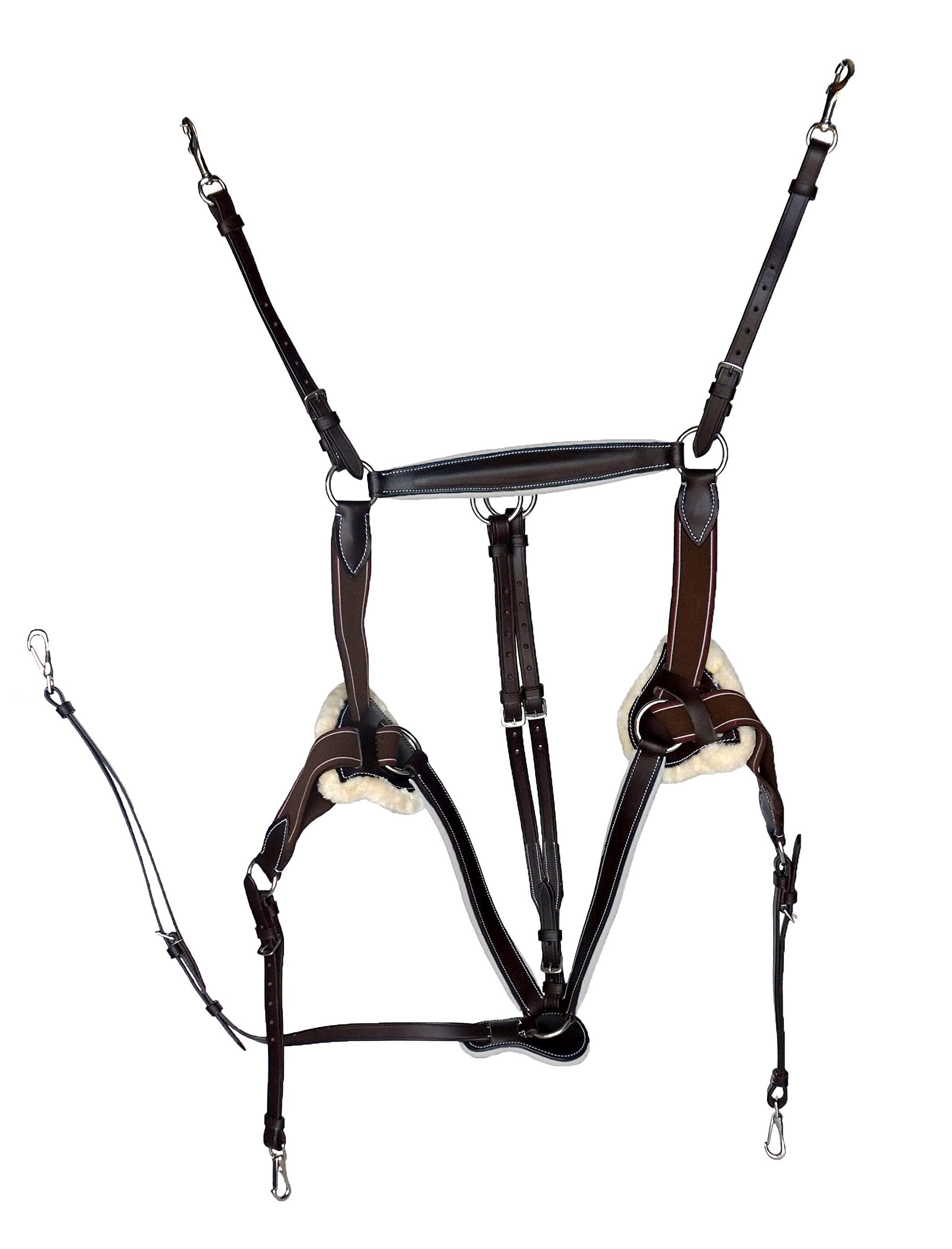 Premium Leather Cob Size 5 Horse Breastplate with Elastic Straps & Running Attachment - Brown with White Trim for English Riding, Show Jumping & Dressage