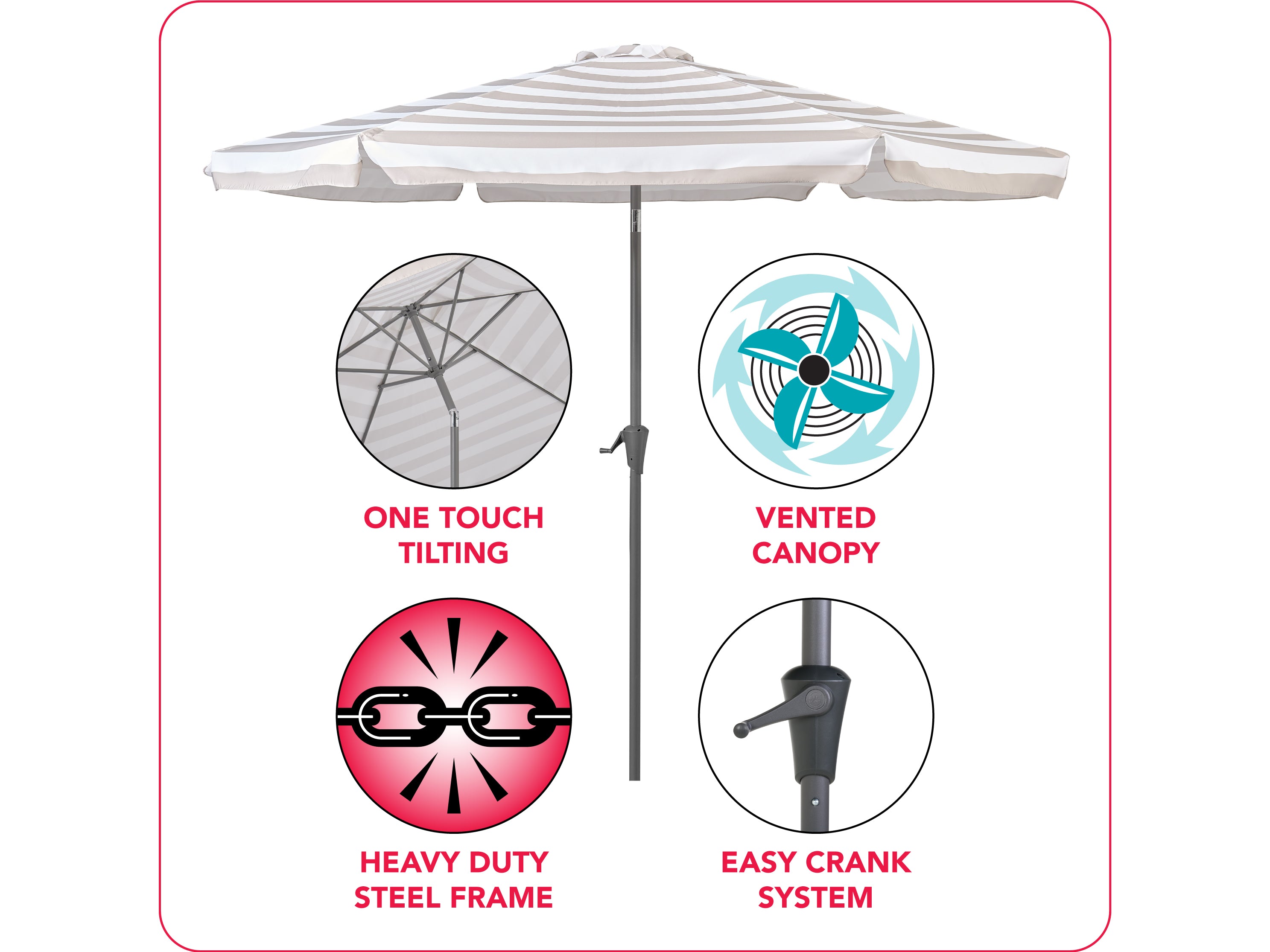 10ft Round Taupe and White Striped Patio Umbrella - Outdoor Sun Shade for Pool, Garden, Deck, and Backyard Relaxation