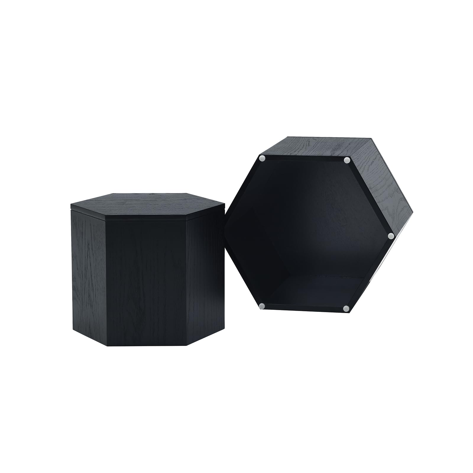 Hexagonal Nesting Coffee Table Set of 2 - Black Wooden Side Tables for Small Spaces | Modern Living Room Furniture for Apartments & Cozy Homes