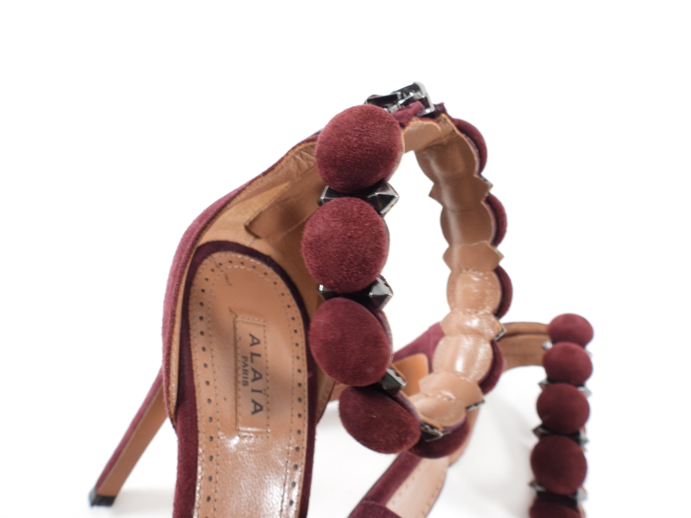 Alaia Burgundy Suede Studded Sandals - Women's High Heel Dress Shoes for Parties, Weddings & Evening Events