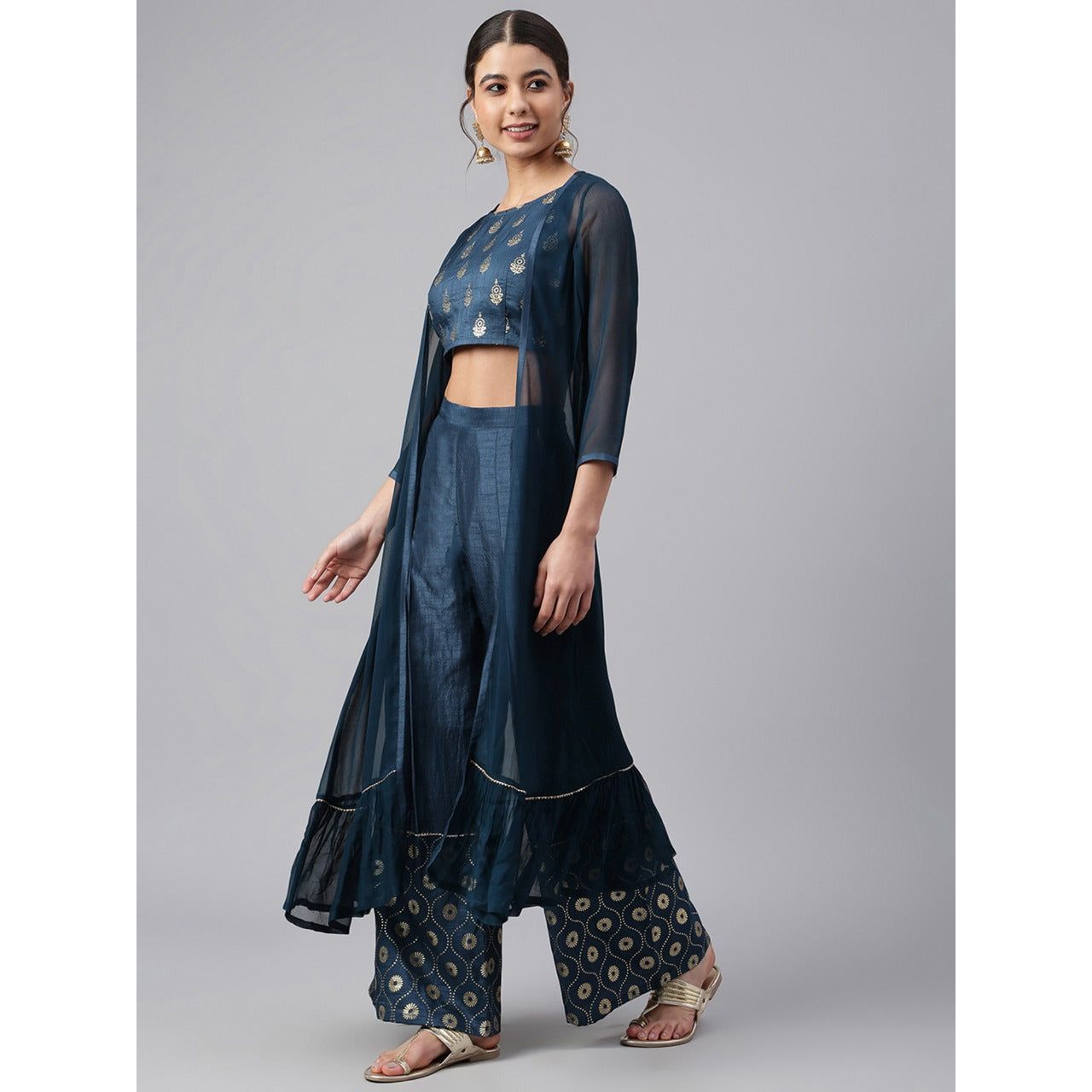 Stylish Women's 3-Piece Outfit Set - Flowy Palazzo Pants, Chic Crop Top & Fashionable Jacket | Casual Wear, Office Attire & Evening Occasions