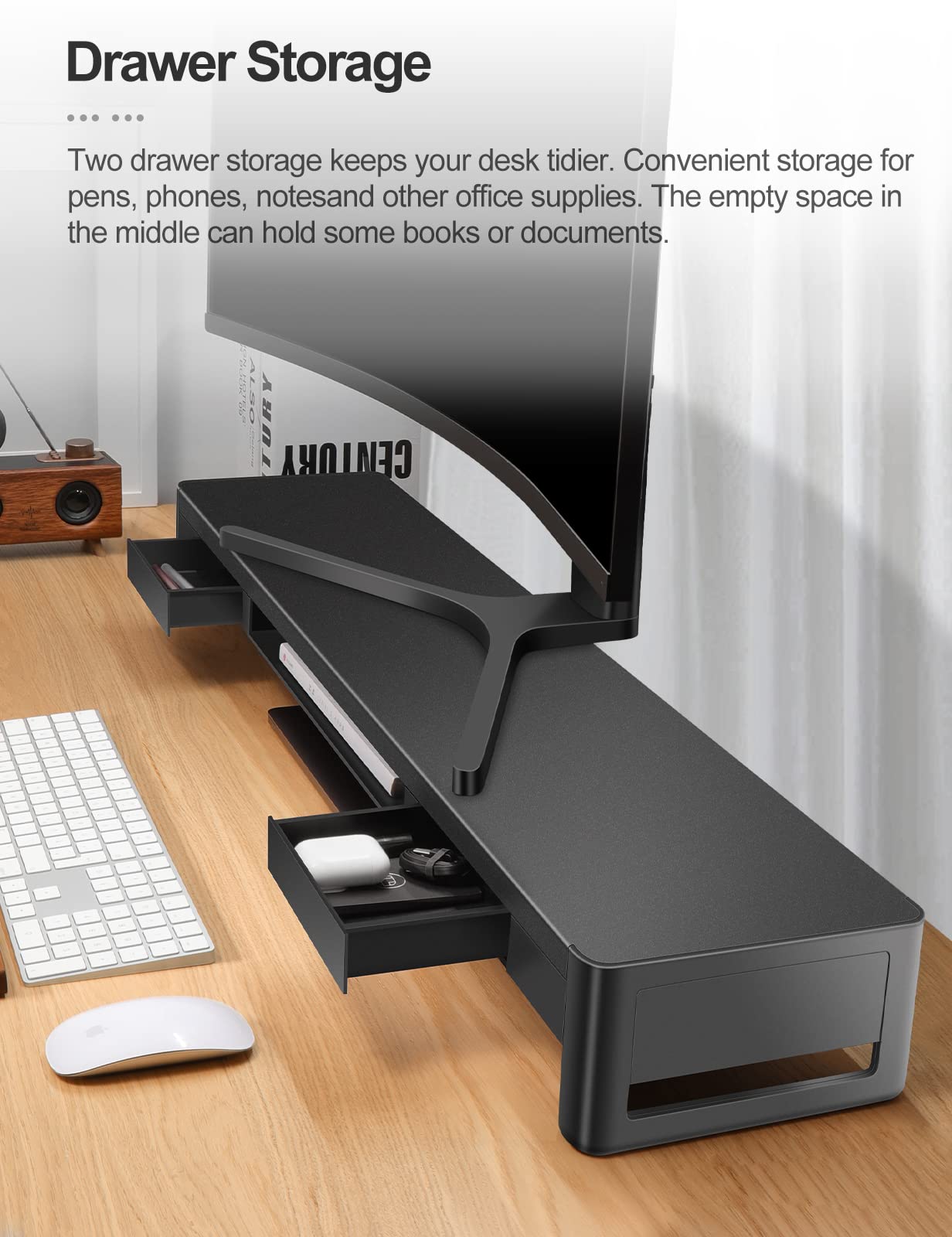 Dual Monitor Stand with 2 Storage Drawers - Metal Computer Monitor Riser with Pull-Out Drawers for Keyboard & Mouse - Desktop Organizer for PC, Laptop, TV & Printer - Perfect for Home Office & Gaming Setup