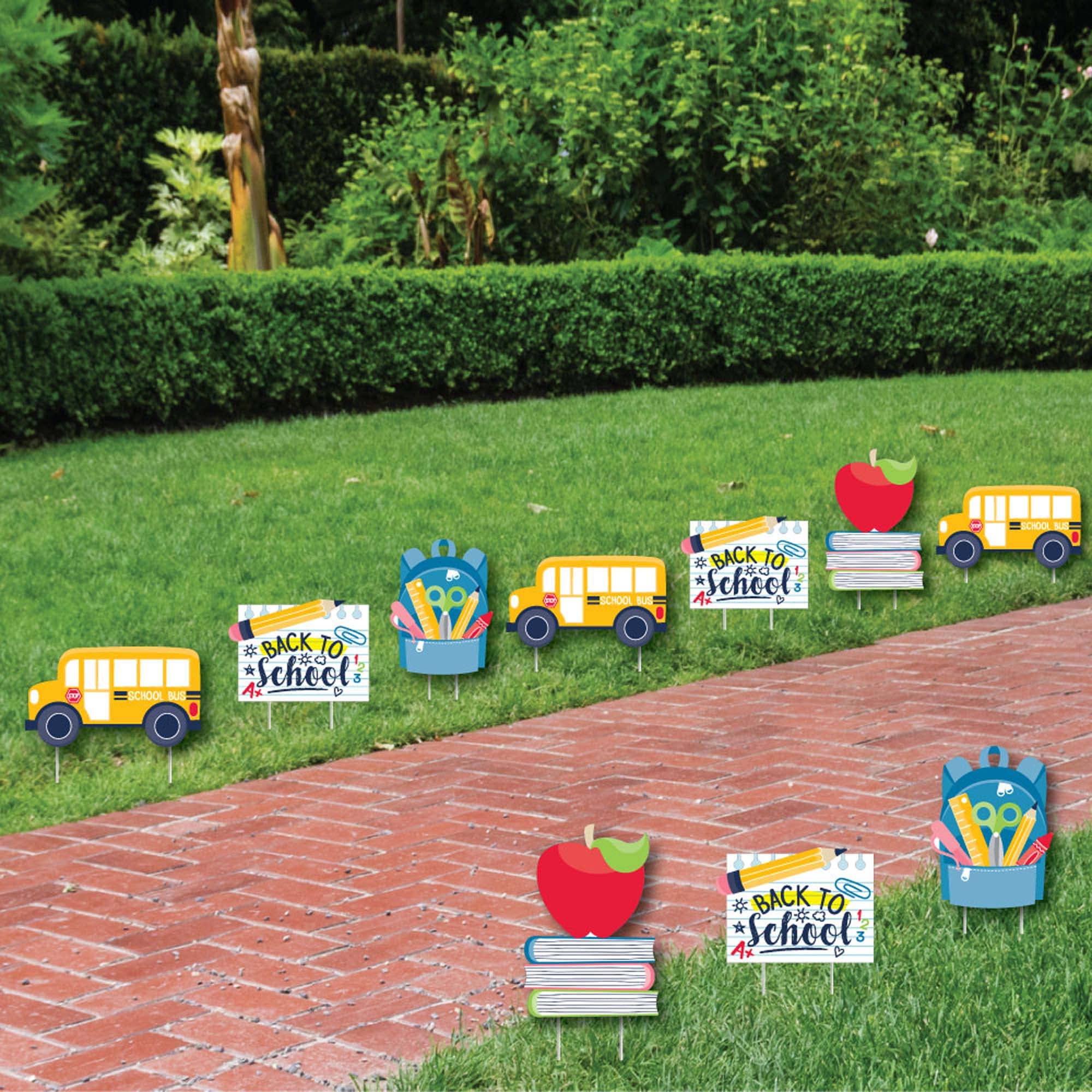 Big Dot of Happiness Back to School Decorations - 10-Piece Outdoor Yard Set with Backpack, School Bus & Apple on Books - Perfect for First Day Classroom Decor & Lawn Displays