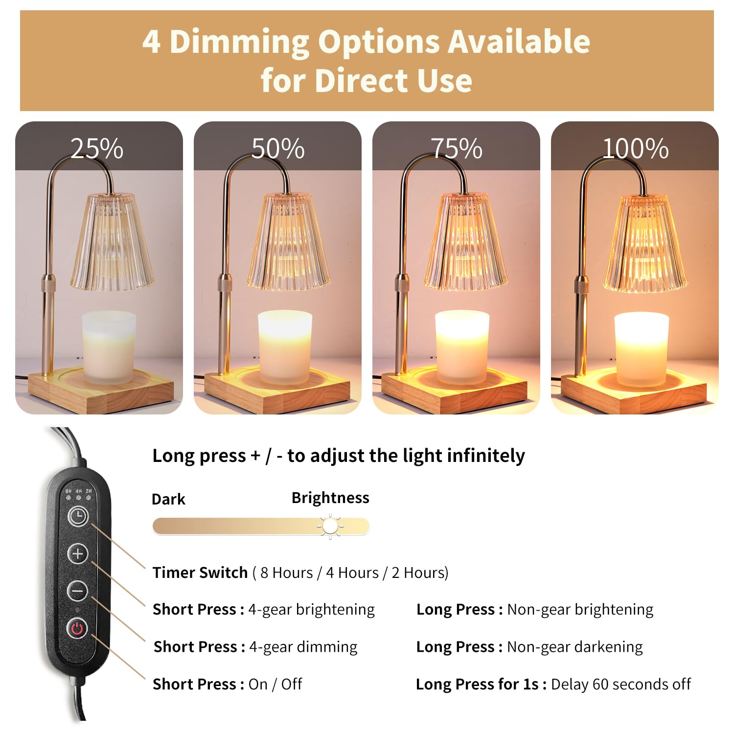 Adjustable Height Candle Warmer Lamp with Dimmer - 2 Included Bulbs, Amber Glass - Perfect for Aromatherapy, Home Decor & Gift Giving