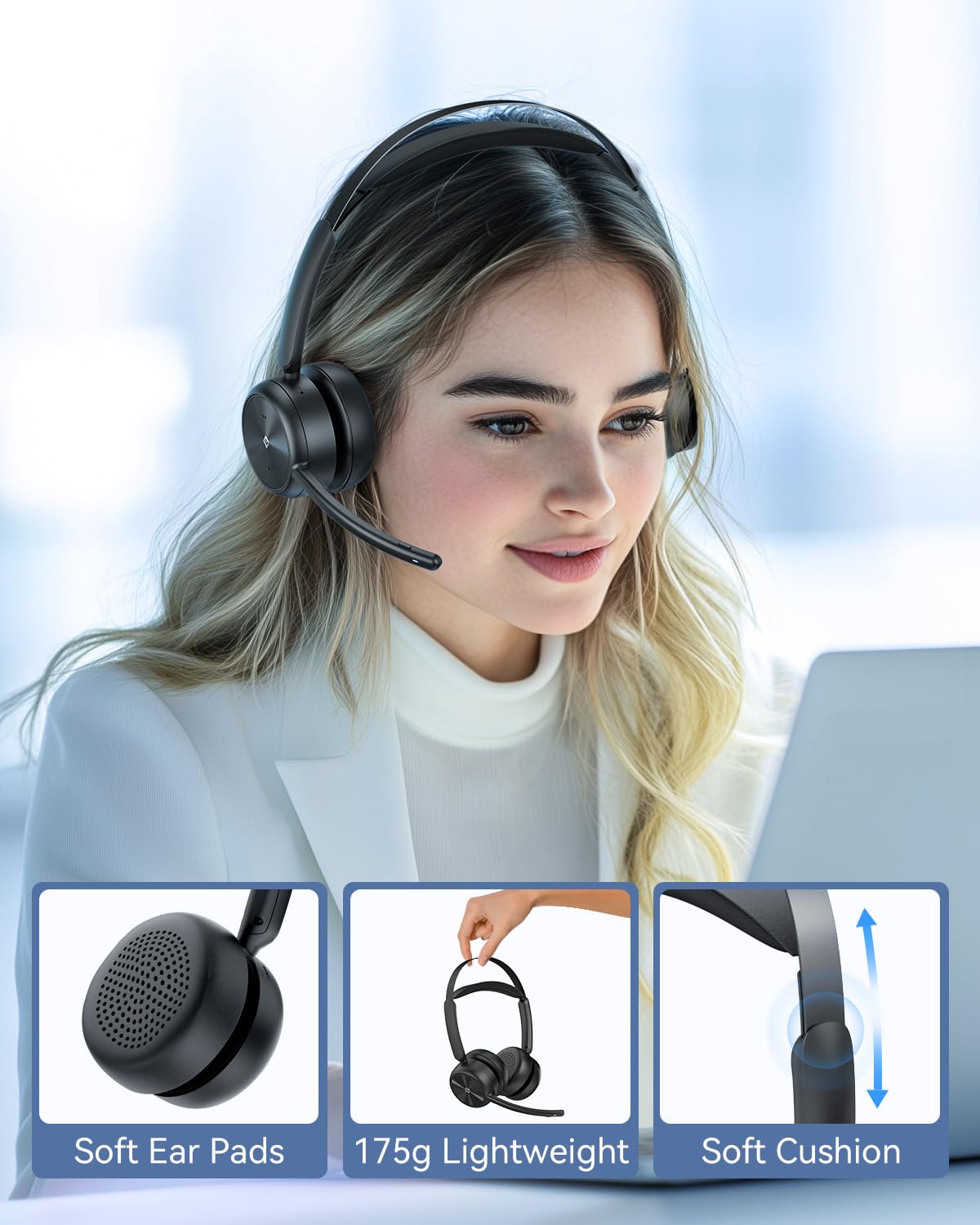 EMEET HS80 (Gen2) Wireless Bluetooth Headset with Noise Canceling Mic, Charging Base & USB Dongle - 46H Battery for PC, Call Center, Zoom, Skype - Perfect for Remote Work, Online Meetings & Customer Service