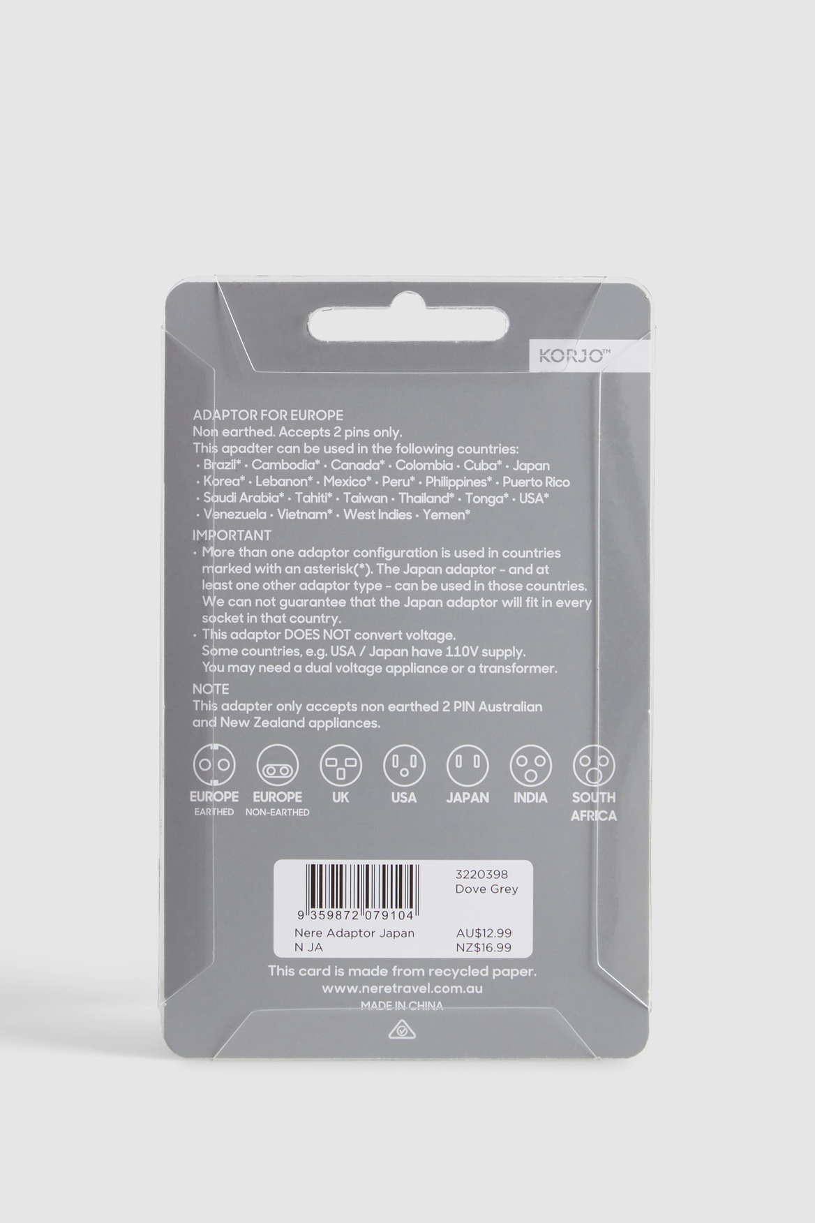Original: nere japan adaptor 3220398   Optimized: Nere Japan Universal Travel Adapter 3220398 - Compact Power Converter for US, EU, UK, AU - Perfect for Business Trips, Vacations & International Travel