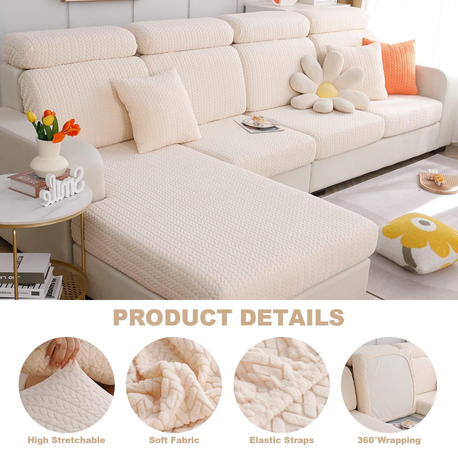 Stretch Universal Sofa Cover - Anti-Slip Elastic Couch Slipcover for Sectional, L-Shape & Chaise Lounge - Furniture Protector (Beige) | Perfect for Living Room, Family Room & Home Decor Protection