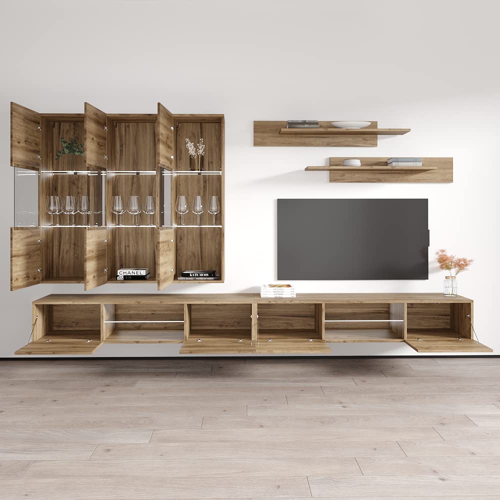 Modern Floating TV Stand with Storage & LED Lights - Wall-Mounted Entertainment Center Console for Living Room & Bedroom - Oak Wood TV Shelf with Shelves - Perfect for Small Spaces & Home Theater Setup