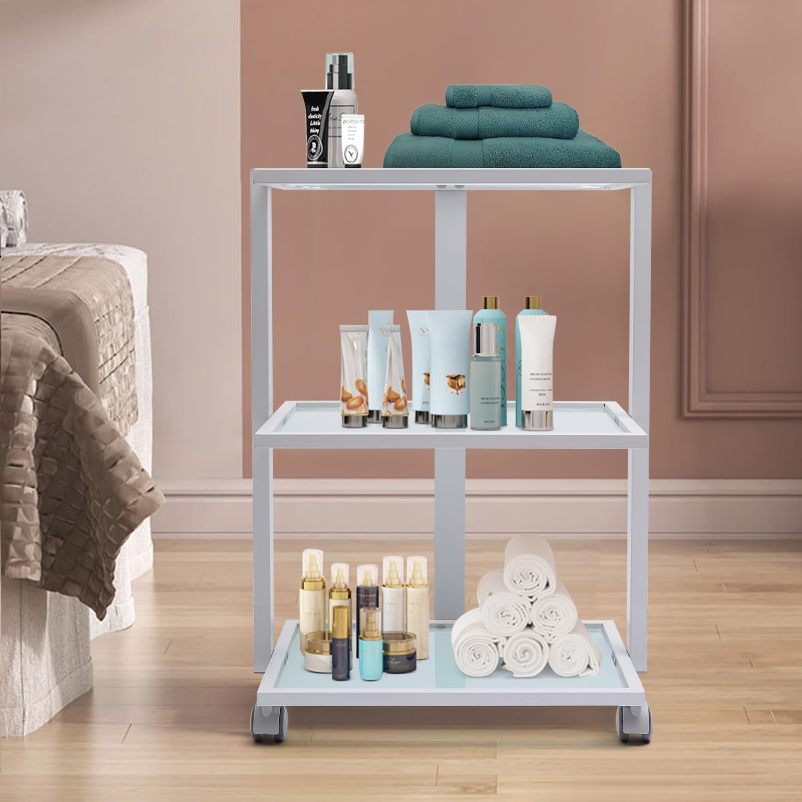 3-Tier Salon Rolling Trolley Cart with Wheels - Mobile Storage Organizer for Spa, Beauty & Salon Equipment - Perfect for Bathroom, Laundry, Bedroom & Treatment Rooms - Durable Stand Tray Beauty Trolley for Professional & Home Use