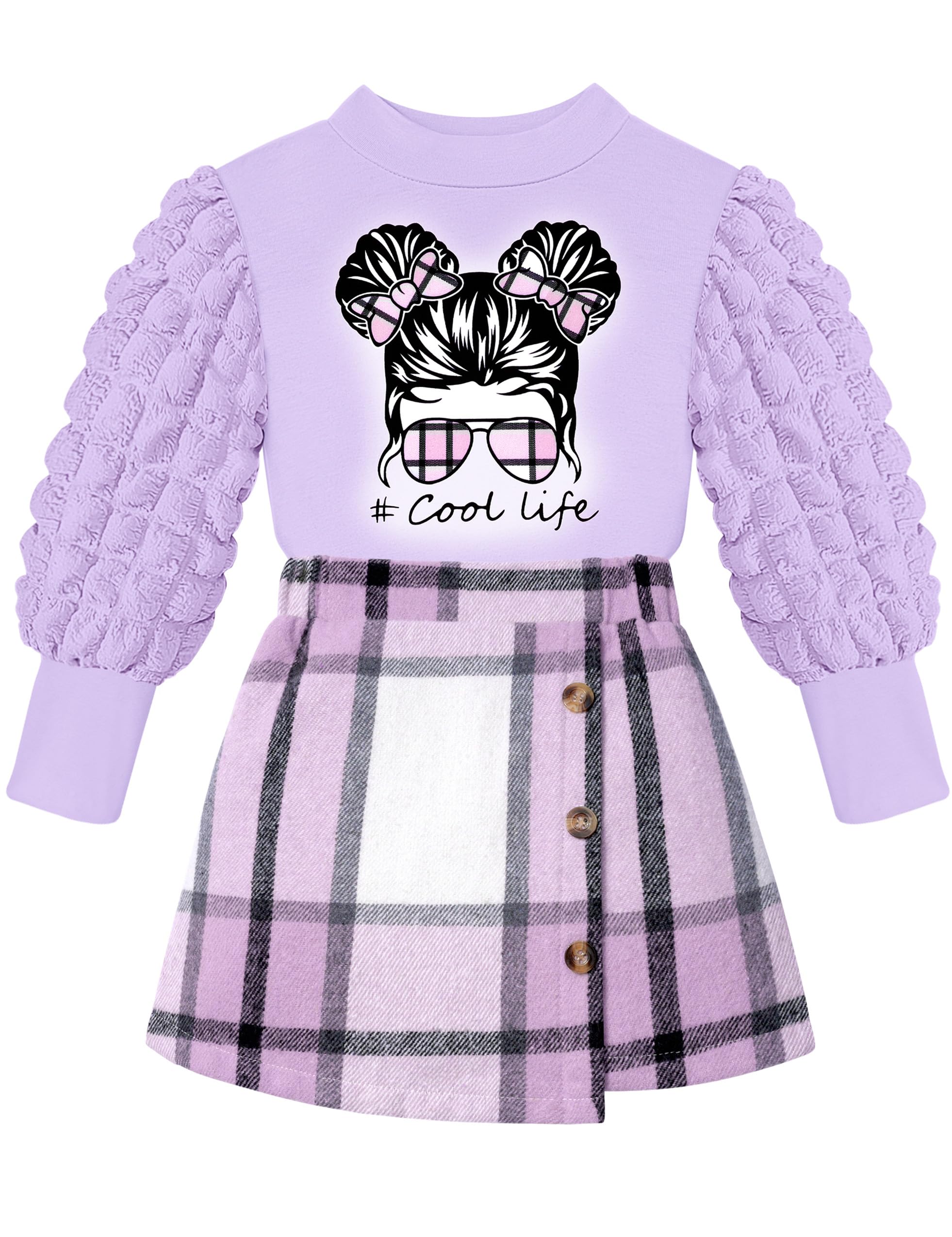 Toddler Girl Outfits - Cute Turtleneck Puff Sleeve Top & Plaid Mini Skirt 2-Piece Set | Warm Fall Winter Kids Clothes for Girls | Perfect for School, Parties & Family Photos