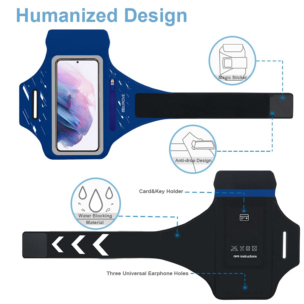 Running Armband for Samsung Galaxy S25/S24/S23/S22 - Phone Holder with Zipper Slot & Headset Bag - Secure Workout Armband for Jogging, Gym & Outdoor Sports (Blue)