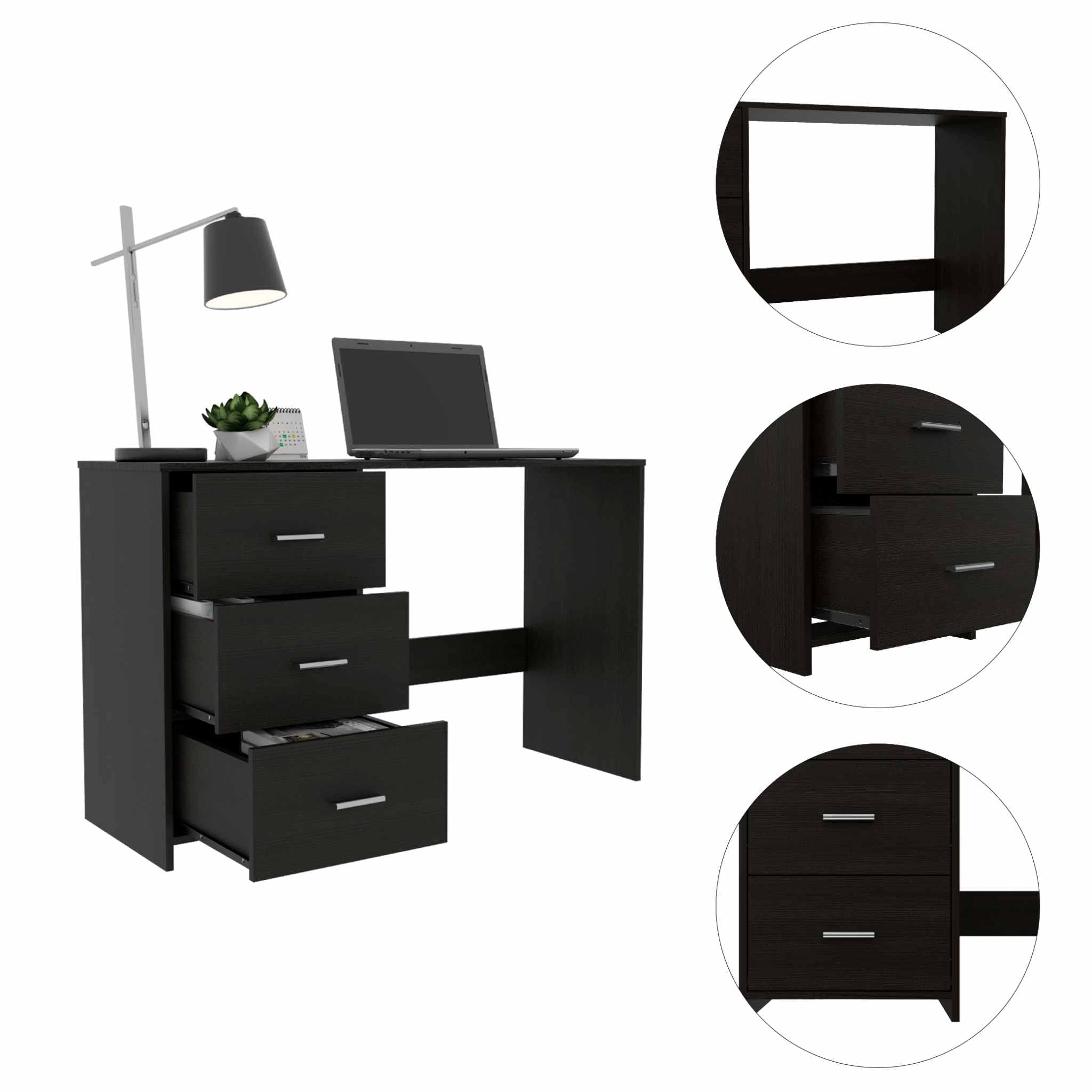 3-Drawer Black Writing Desk with Metal Handles - Modern Home Office Furniture for Small Spaces, Study Rooms & Dorm Organization