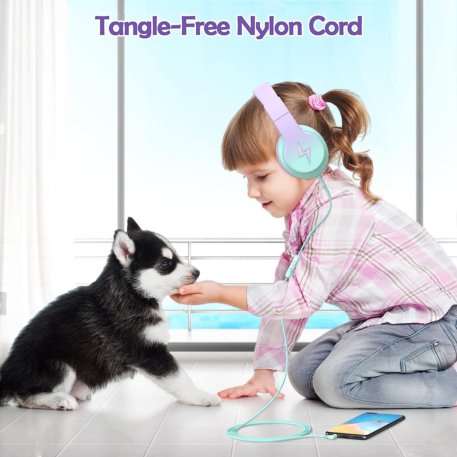 Kids Wired Over-Ear Headphones with Microphone & 85/94dB Volume Limiter - Foldable Gradient Purple Headphones for Girls & Boys - Perfect for Online Learning, Gaming & Travel