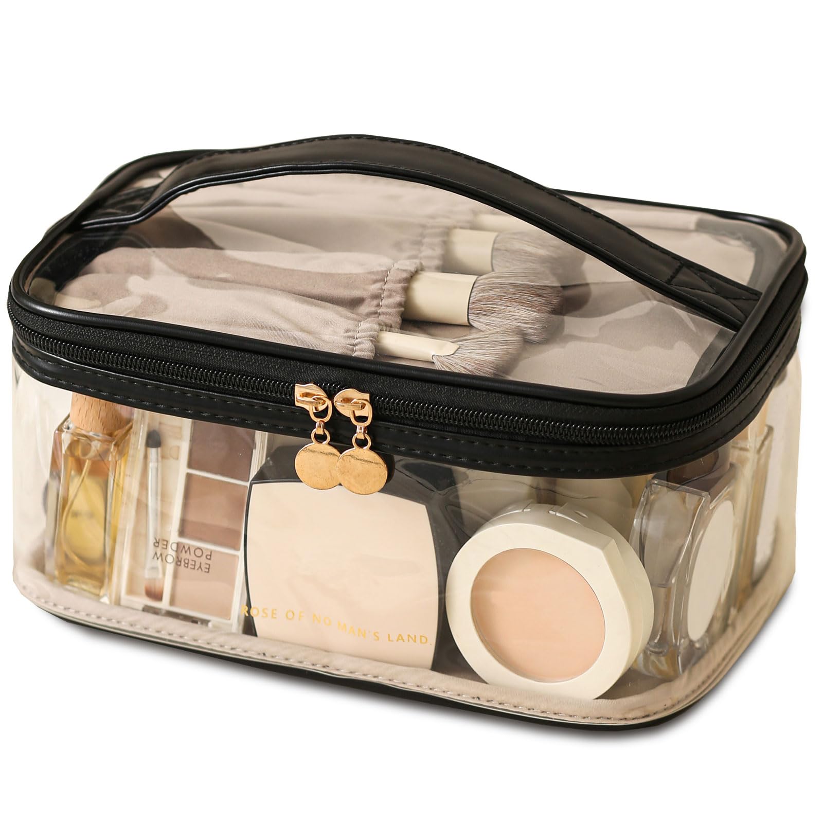 Large Clear Makeup Bag - Waterproof Transparent Cosmetic Organizer with Handle for Women & Girls | Travel Toiletry Case, Skincare Pouch, Daily Beauty Essentials | Perfect for Air Travel, Gym, Beach & Home Organization (Black)