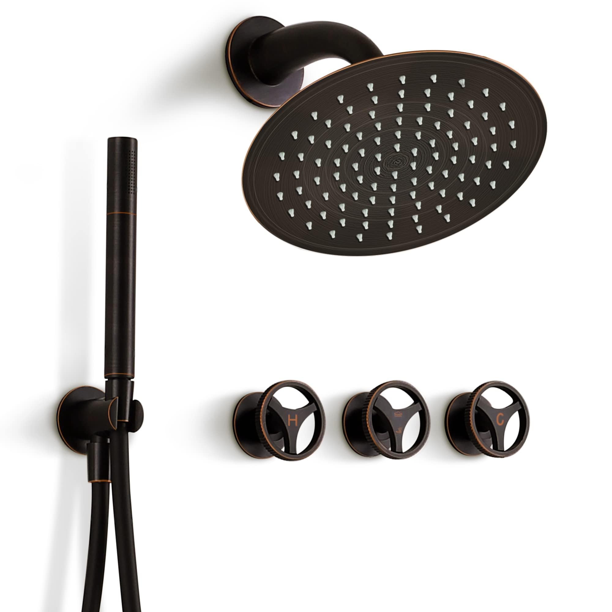 SKOWLL 10 Inch Black Rainfall Shower Faucet Set - 3 Handle Wall Mount Shower System with 2 Function Valve, Oil Rubbed Bronze Finish | Perfect for Modern Bathroom Renovation & Spa-Like Shower Experience