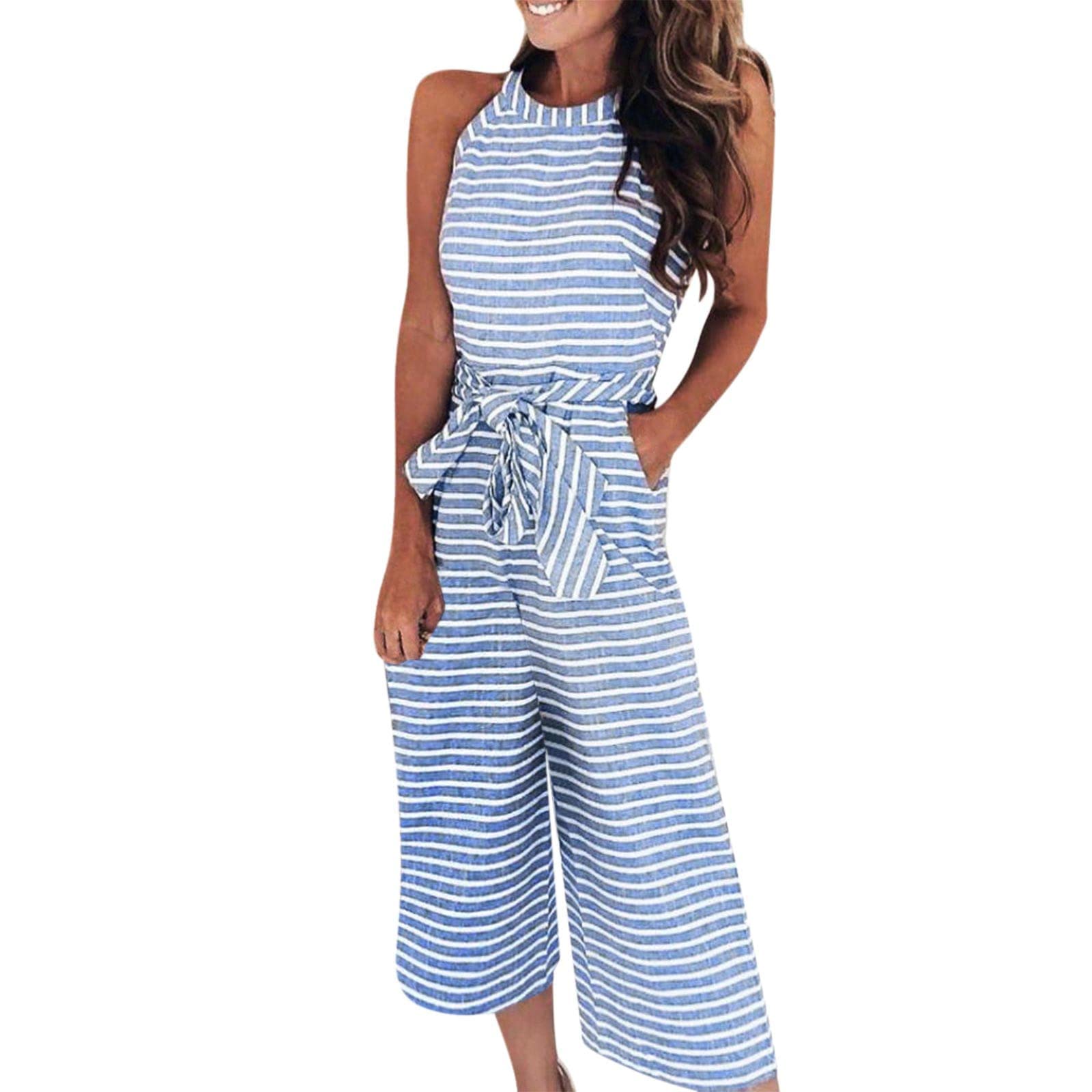 Women's Summer Jumpsuit - Striped Print Sleeveless Romper with Round Neck & Lacing Detail | Casual One-Piece Outfit for Beach, Vacation & Summer Outings