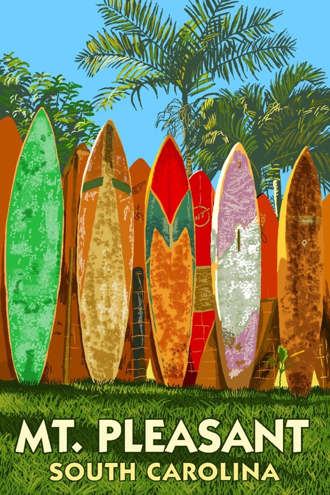 Signed Isle of Palms Surfboard Fence Art Print - 24x36 South Carolina Coastal Wall Decor Poster | Perfect for Beach House, Living Room & Office Decor