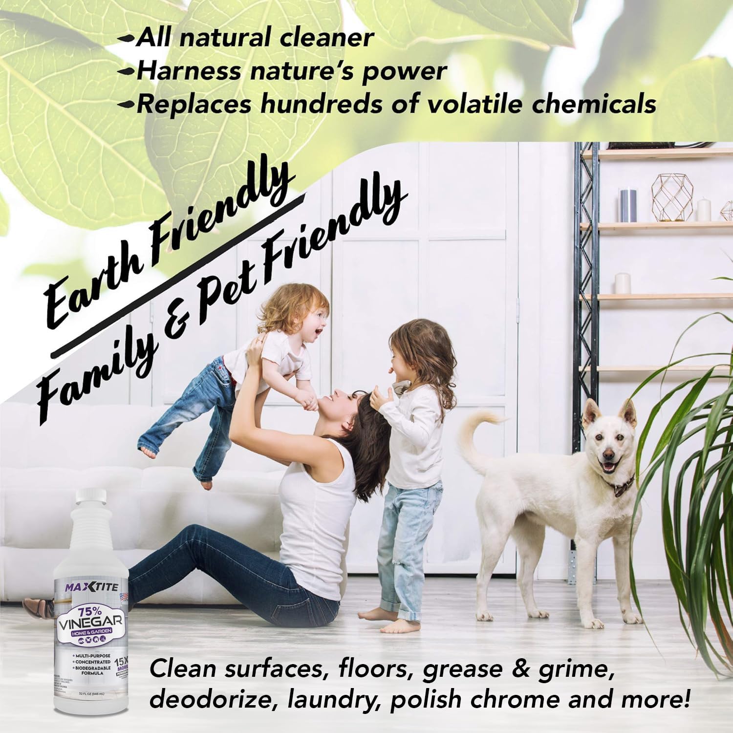 Ultra-Concentrated 75% Vinegar for Home & Garden Cleaning - 32 oz Heavy Duty Multi-Surface Cleaner | Perfect for Kitchen, Bathroom, Outdoor & Weed Control