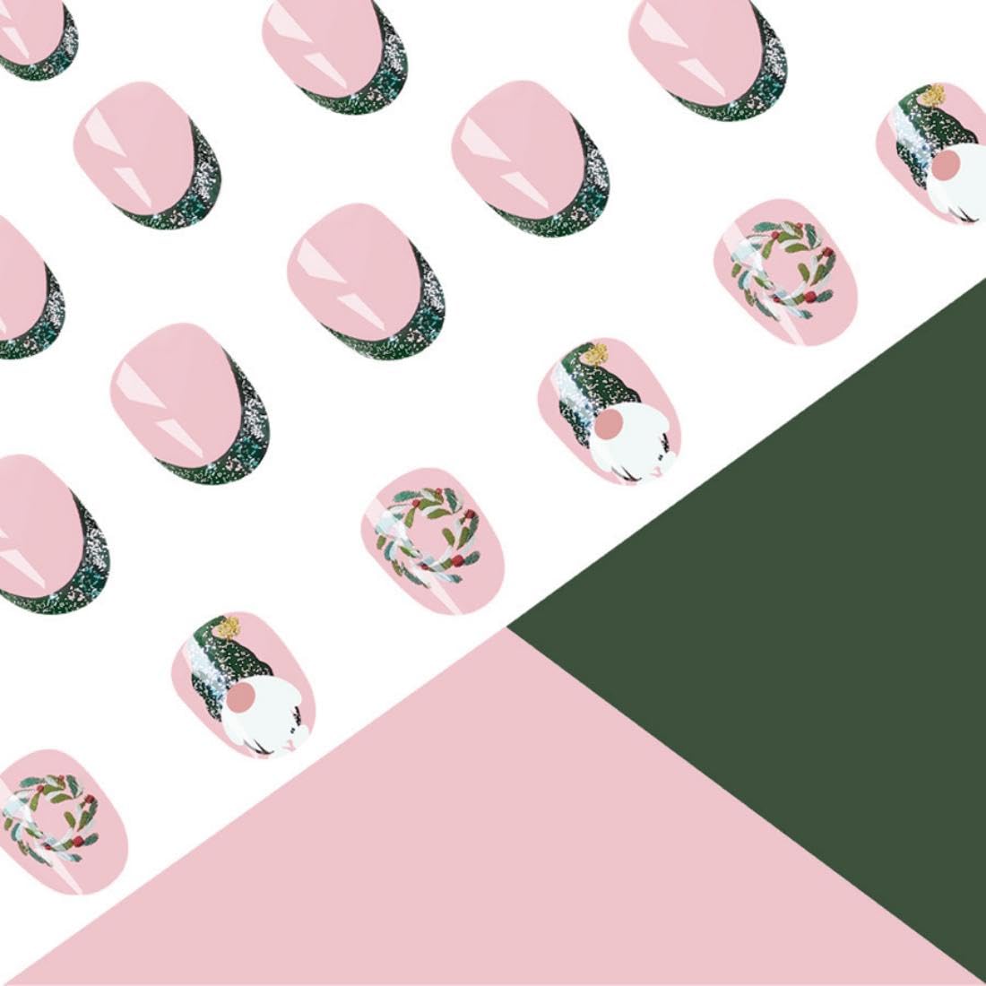 Christmas Green French Tip Press-On Nails – Short Almond Fake Nails with Leaf & Santa Design | Glossy Reusable Winter Xmas False Nails for Women & Girls | Holiday Manicure Set of 24pcs | Perfect for Parties, Gift Giving & Festive Nail Art