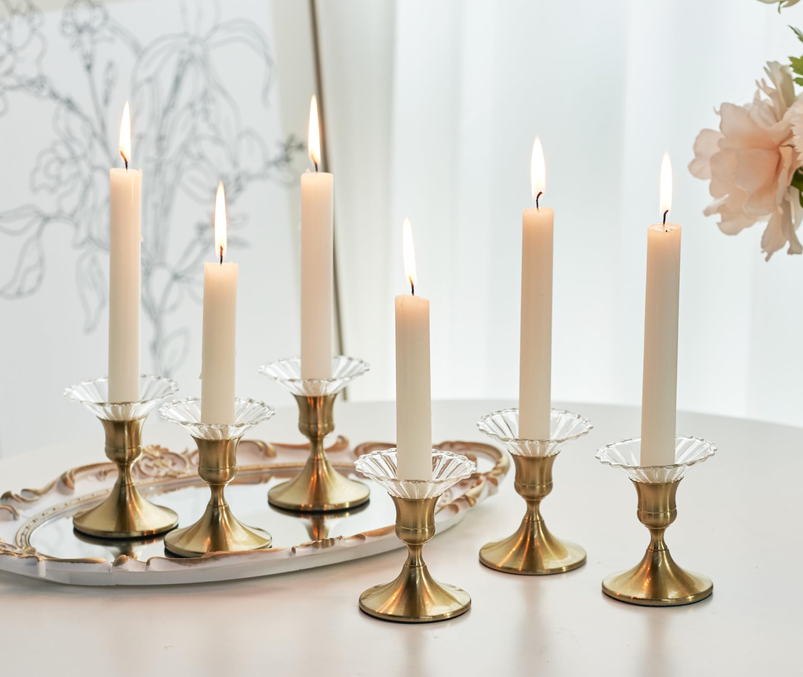 6-Piece Clear Glass Candle Wax Catchers - Round Bobeches Drip Protectors for Taper Candlesticks & Holders (Daisy Design) - Perfect for Weddings, Dining Tables & Home Decor