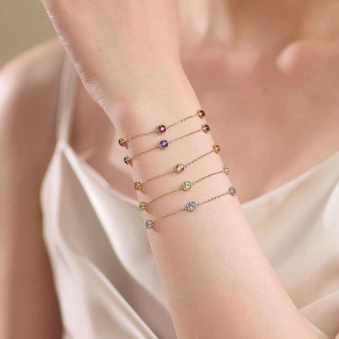 14K Solid Gold Minimalist Charm Bracelet with Natural Gemstones - Amethyst, Peridot, Blue Topaz, Citrine & Garnet | Dainty Jewelry Gift for Women & Girls | Perfect for Everyday Wear, Special Occasions & Gifting