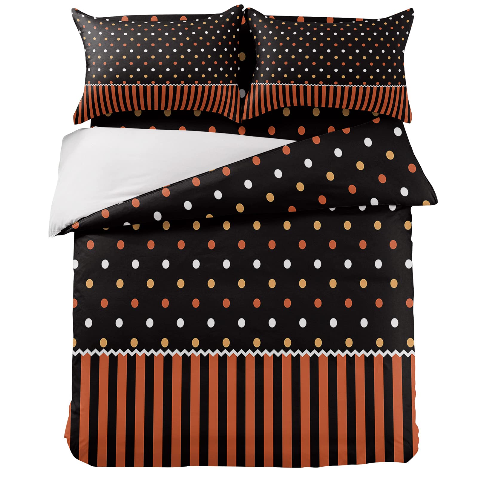 4 Piece Halloween Duvet Cover Set - Orange Black Stripes & Polka Dot Pattern Full/Queen Size Bedding with Pillow Shams | Spooky Bedroom Decor for Halloween Party, Home Decor, Gift Idea