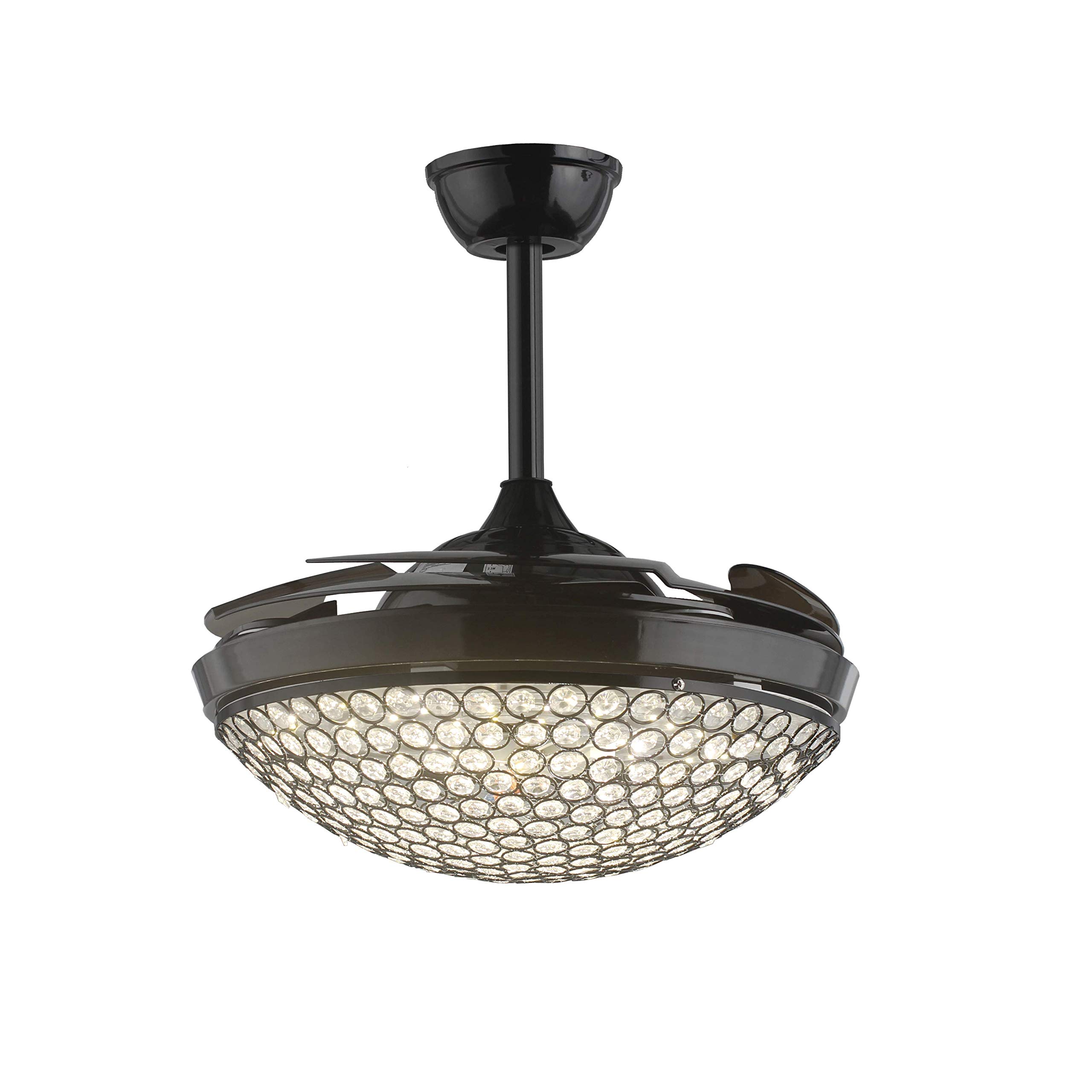 42 Inch Wide Retractable Ceiling Fan with Clear Acrylic Blades, LED Light Kit & Crystal Chandelier - Remote Control, Chrome Finish - Perfect for Living Room, Family Room, Bedroom (Black) - Modern Home Cooling & Lighting Solution