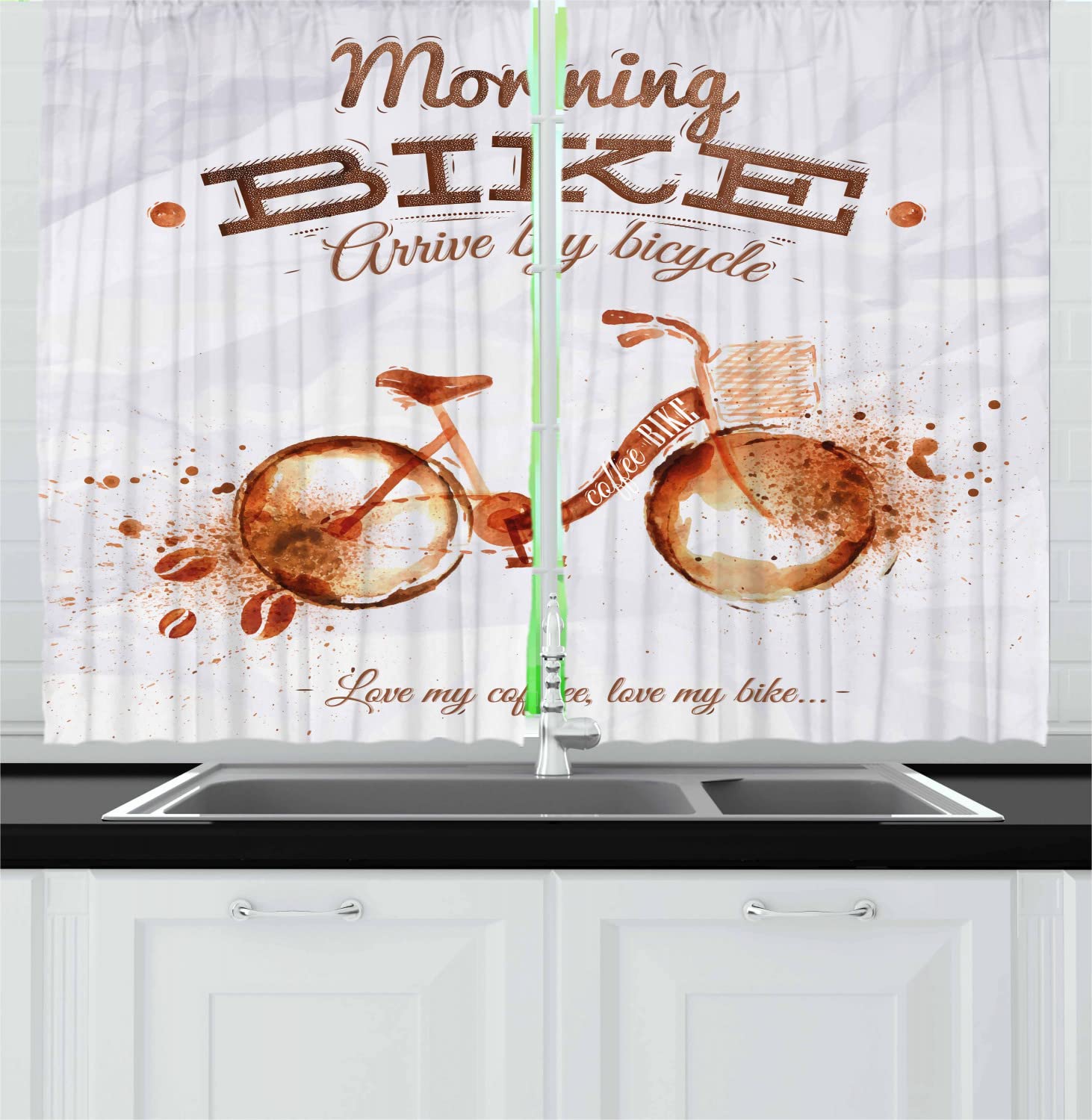 Ambesonne Coffee Art Long Kitchen Curtains - 2 Panel Set with Rod Pocket, 55x45 Inches, Dark Orange Chocolate - Vintage Coffee & Bicycle Themed Window Drapes for Farmhouse, Cafe & Home Decor - Perfect for Kitchen, Dining Room & Breakfast Nook