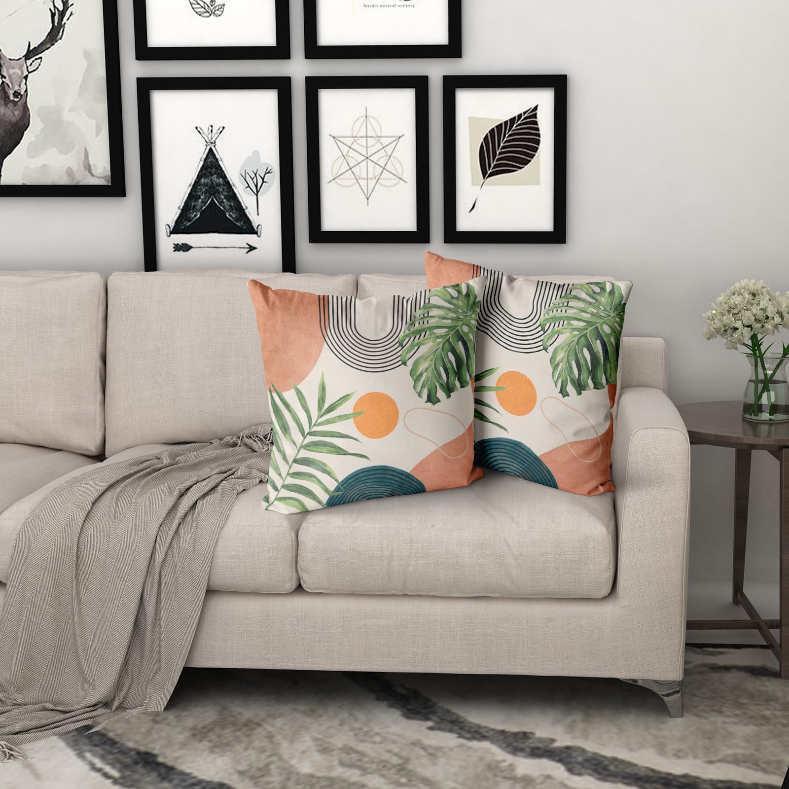Boho Outdoor Throw Pillow Covers 18x18 Set of 2 - Abstract Art Bohemian Geometric Leaf Pillow Covers in Beige & Orange, Mid Century Modern Style Decor for Bed, Sofa, Living Room & Patio
