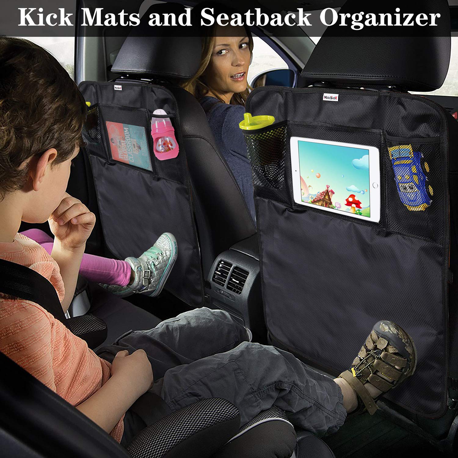 2-Pack Waterproof Oxford Car Seat Kick Mats for Kids - Back Seat Protector with 3 Pockets | Durable Foot Guard for Travel, Road Trips & Daily Commute